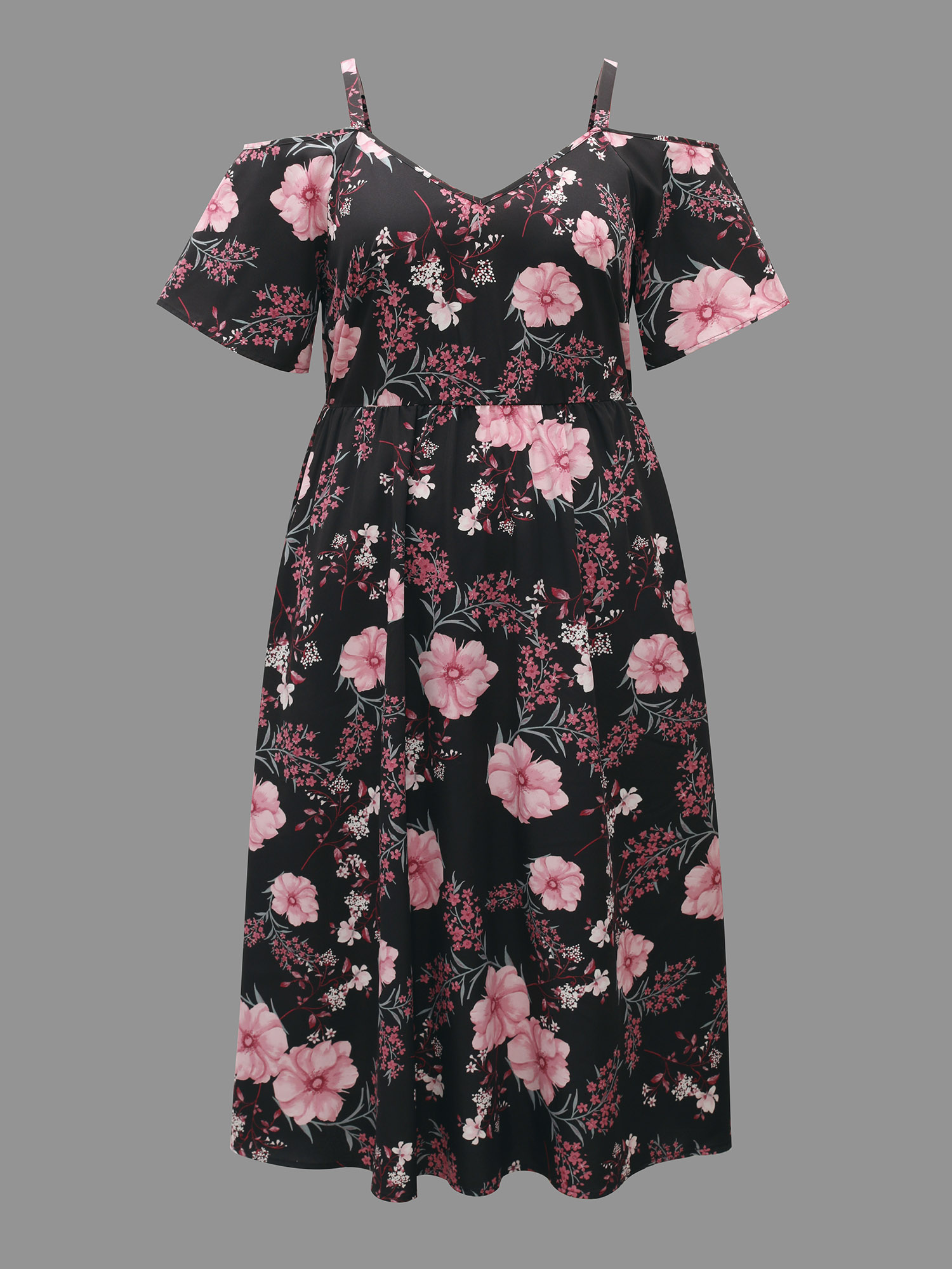 Plus Size Floral Print Cold-Shoulder Pockets Midi Dress Black Women Elegant Non Heart neckline Short sleeve Curvy BloomChic 22-24/3X 
