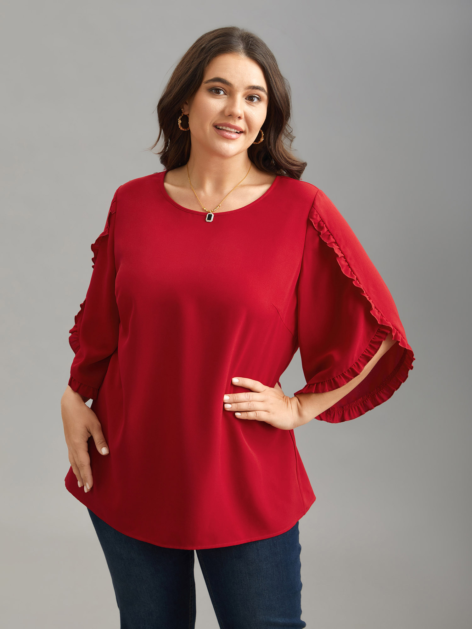 

Plus Size Crimson Ruffled Bud Sleeve Round Neck Shirt Women Elegant Elbow-length sleeve Round Neck Everyday Blouses BloomChic