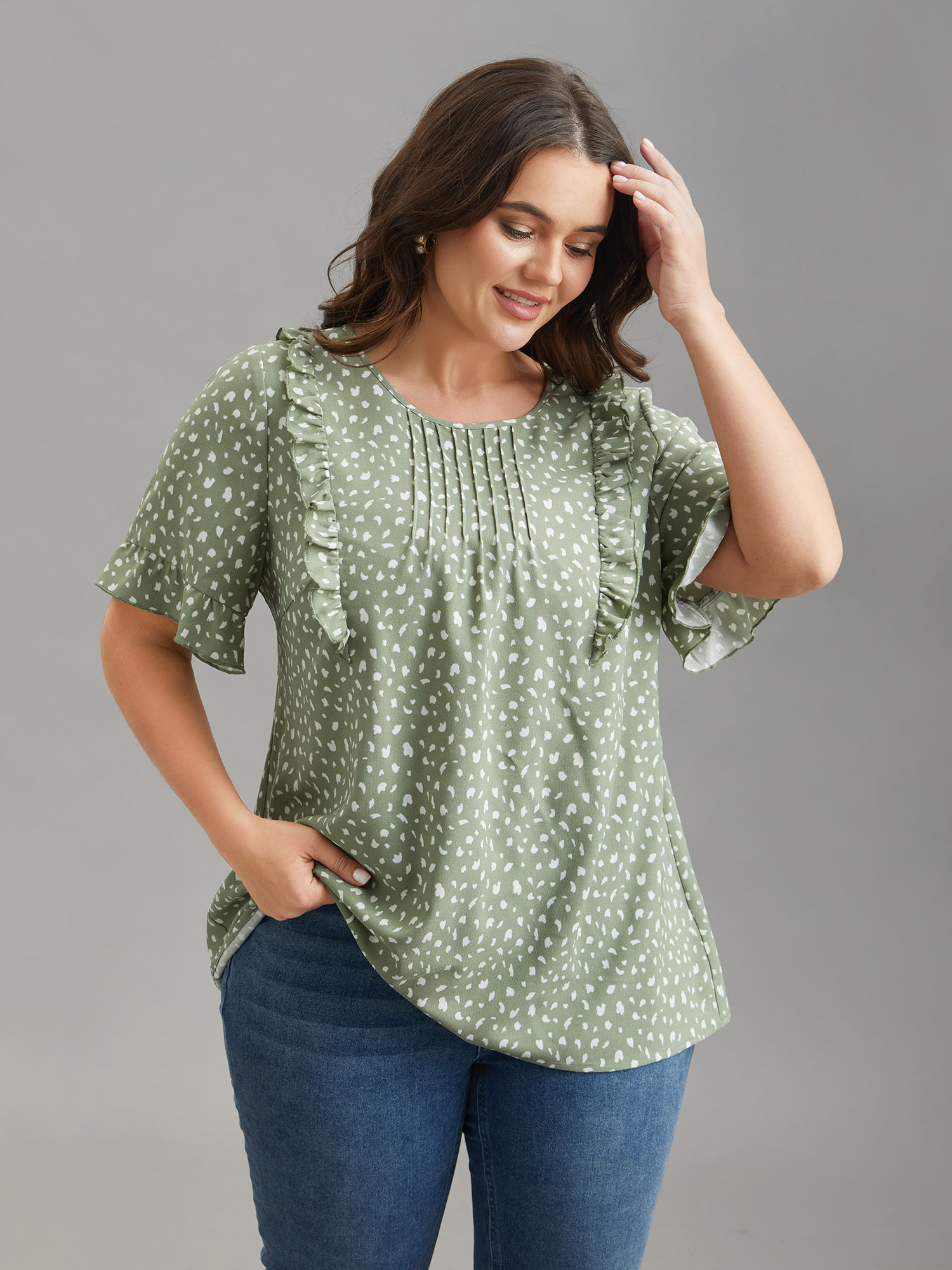 

Plus Size Greenbean Ruffled Edges Pleated Floral Shirt Women Elegant Short sleeve Round Neck Everyday Blouses BloomChic