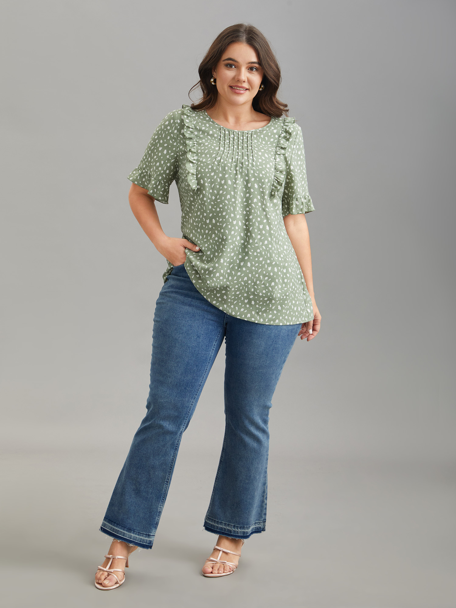 Plus Size Greenbean Ruffled Edges Pleated Floral Shirt Women Elegant Short sleeve Round Neck Everyday Blouses BloomChic 14-16/1X 
