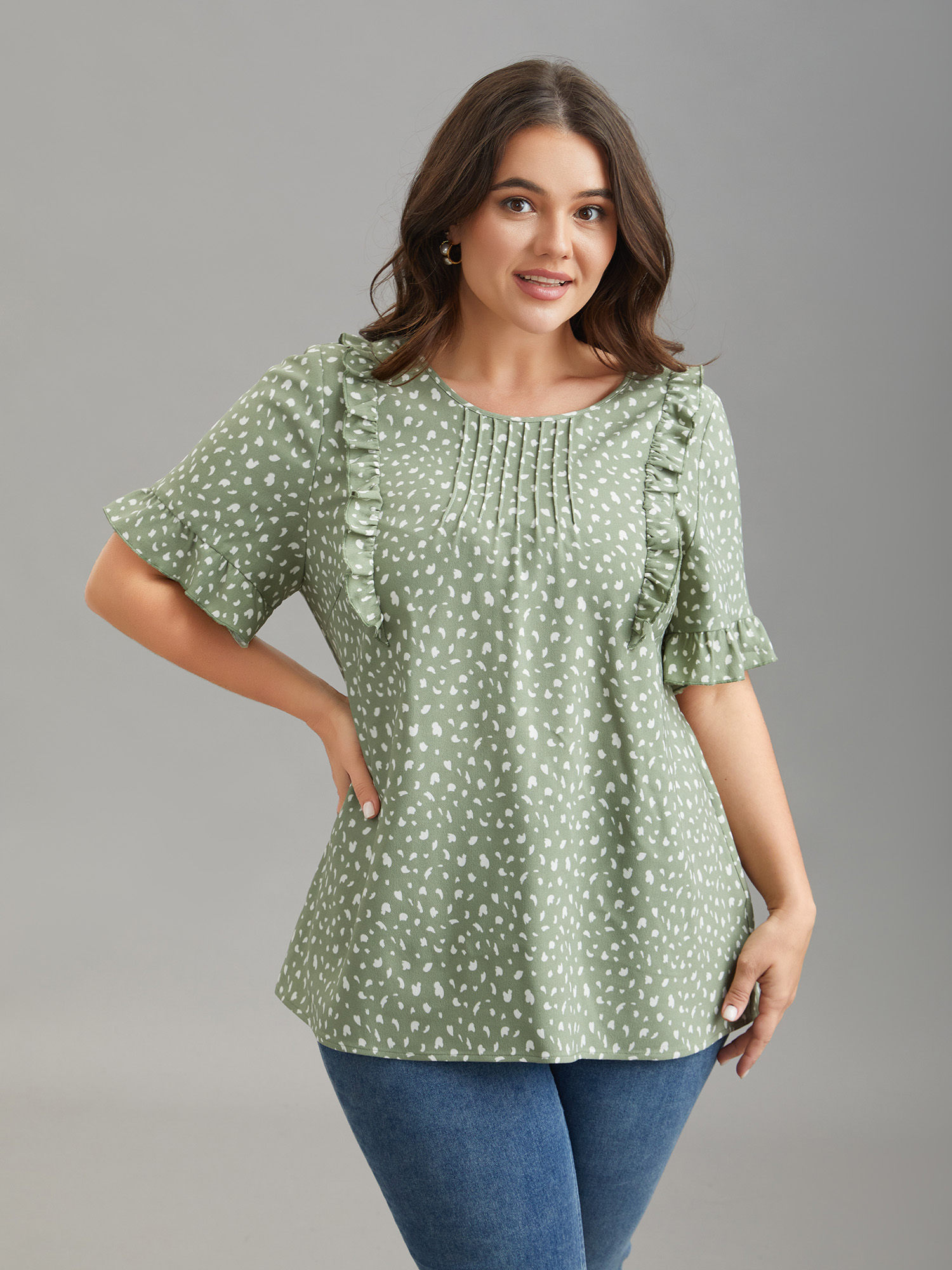 Plus Size Greenbean Ruffled Edges Pleated Floral Shirt Women Elegant Short sleeve Round Neck Everyday Blouses BloomChic 14-16/1X 