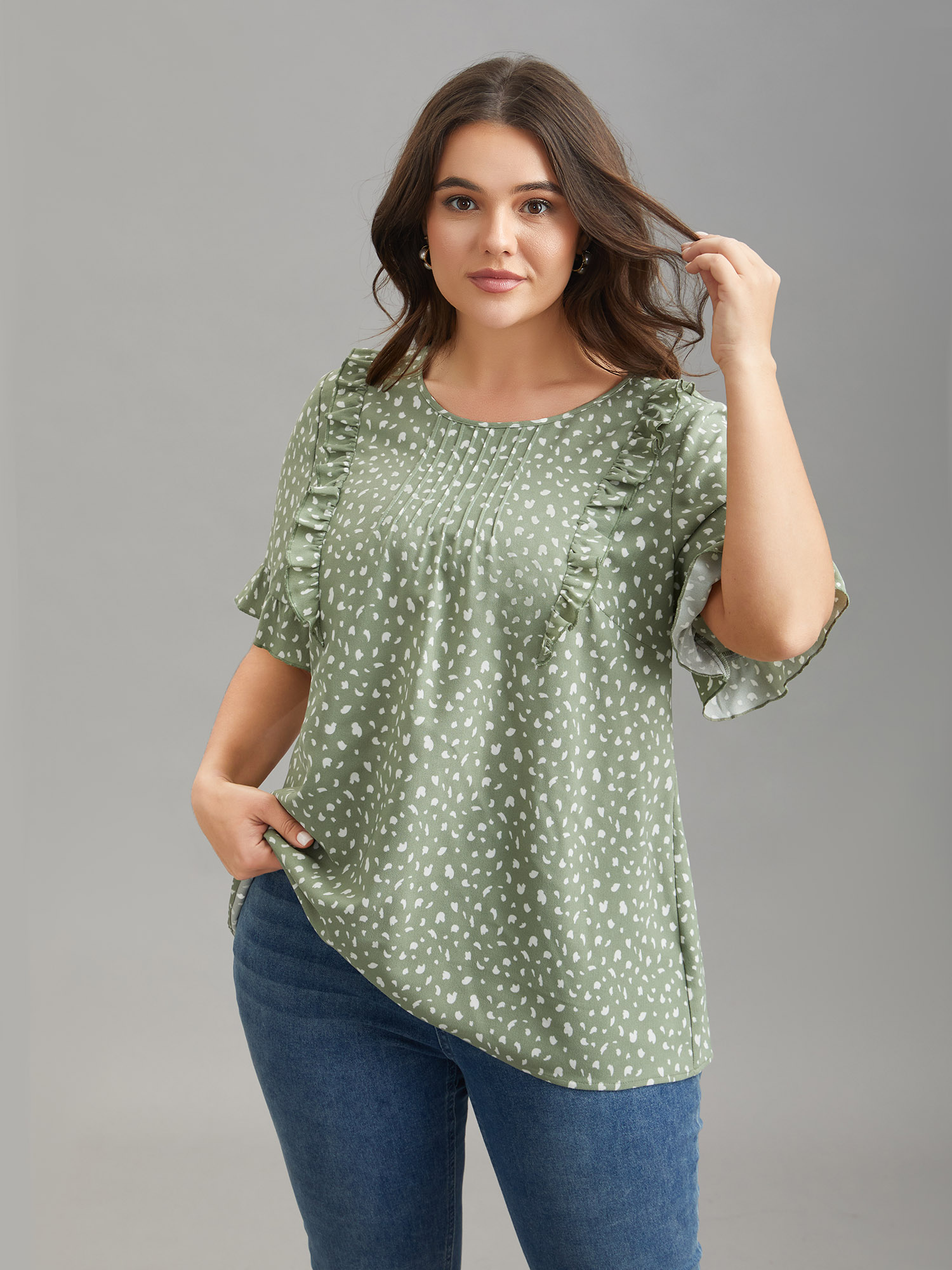 Plus Size Greenbean Ruffled Edges Pleated Floral Shirt Women Elegant Short sleeve Round Neck Everyday Blouses BloomChic 14-16/1X 