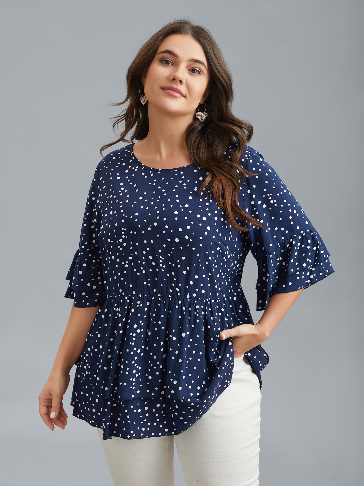 

Plus Size Dots Print Tiered Round Neck Shirt Indigo Half Sleeve Round Neck Elegant Shirts