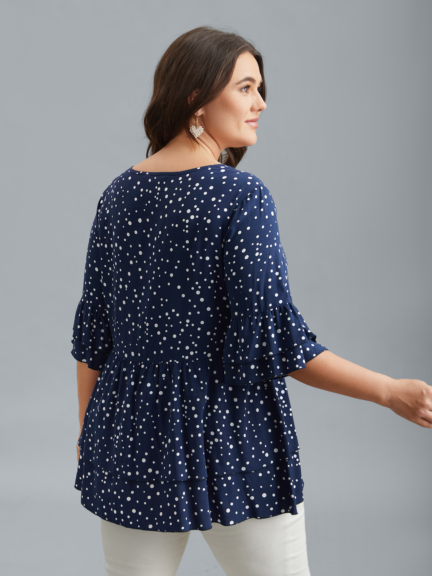 

Plus Size Dots Print Tiered Round Neck Shirt Indigo Half Sleeve Round Neck Elegant Shirts