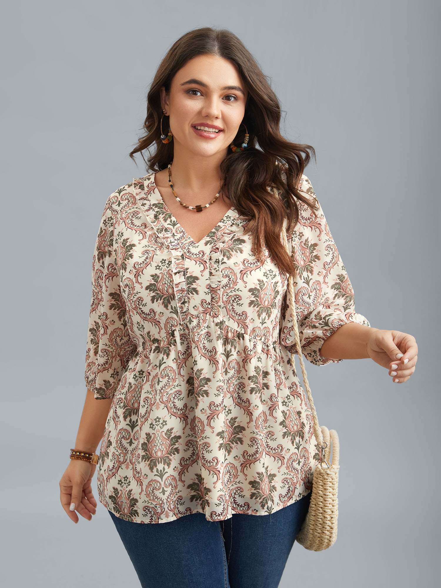 

Plus Size Beige Ornate Print Stretchy Waist Lined Shirt Women Resort Elbow-length sleeve Deep V-neck Vacation Blouses BloomChic