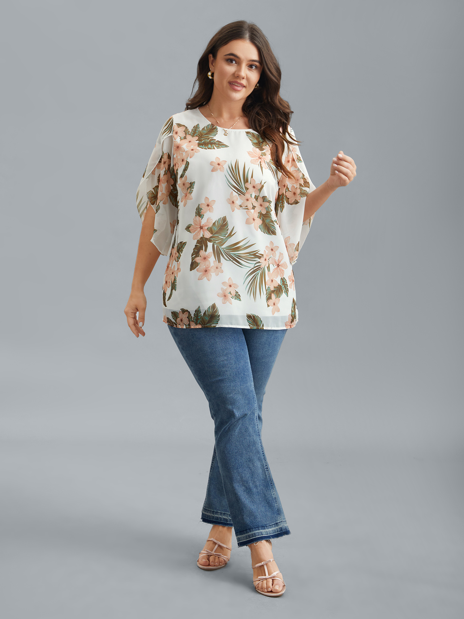 

Plus Size WhiteSmoke Petal Sleeve Floral Round Neck Shirt Women Elegant Elbow-length sleeve Round Neck Everyday Blouses BloomChic