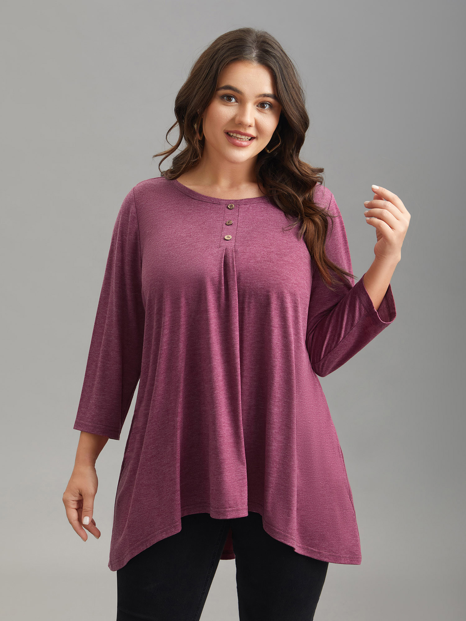 

Plus Size Button-Front High Low Hem Knit Top Burgundy Round Neck Elbow-length sleeve Casual Jersey Tops