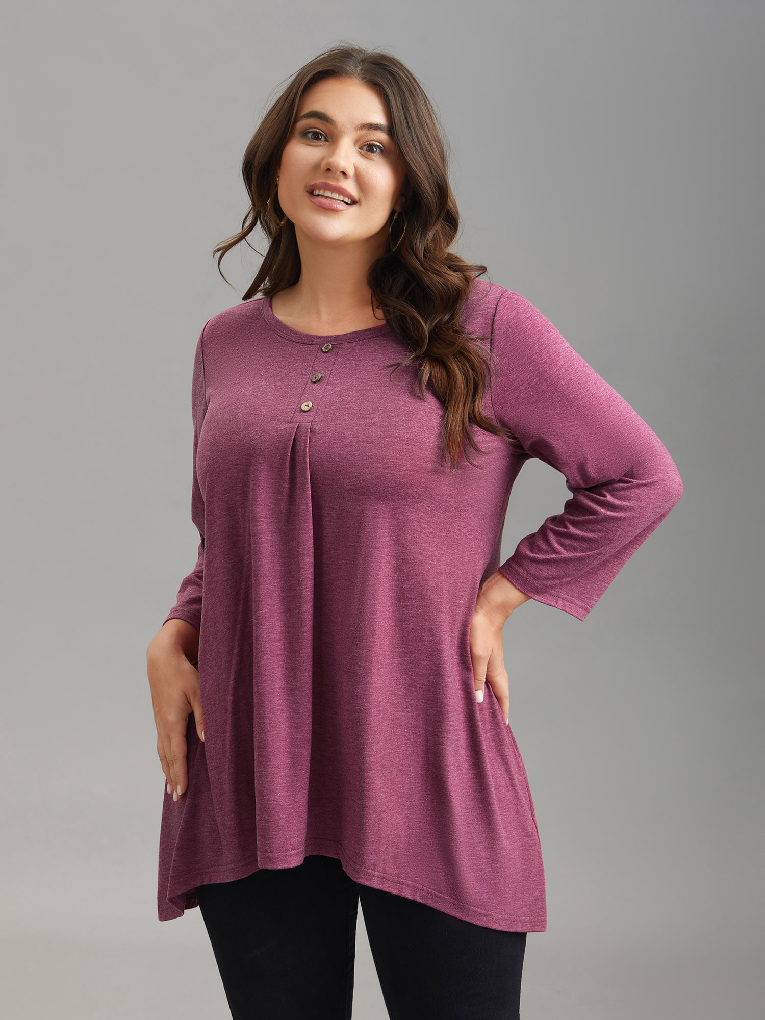 

Plus Size Button-Front High Low Hem Knit Top Burgundy Round Neck Elbow-length sleeve Casual Jersey Tops