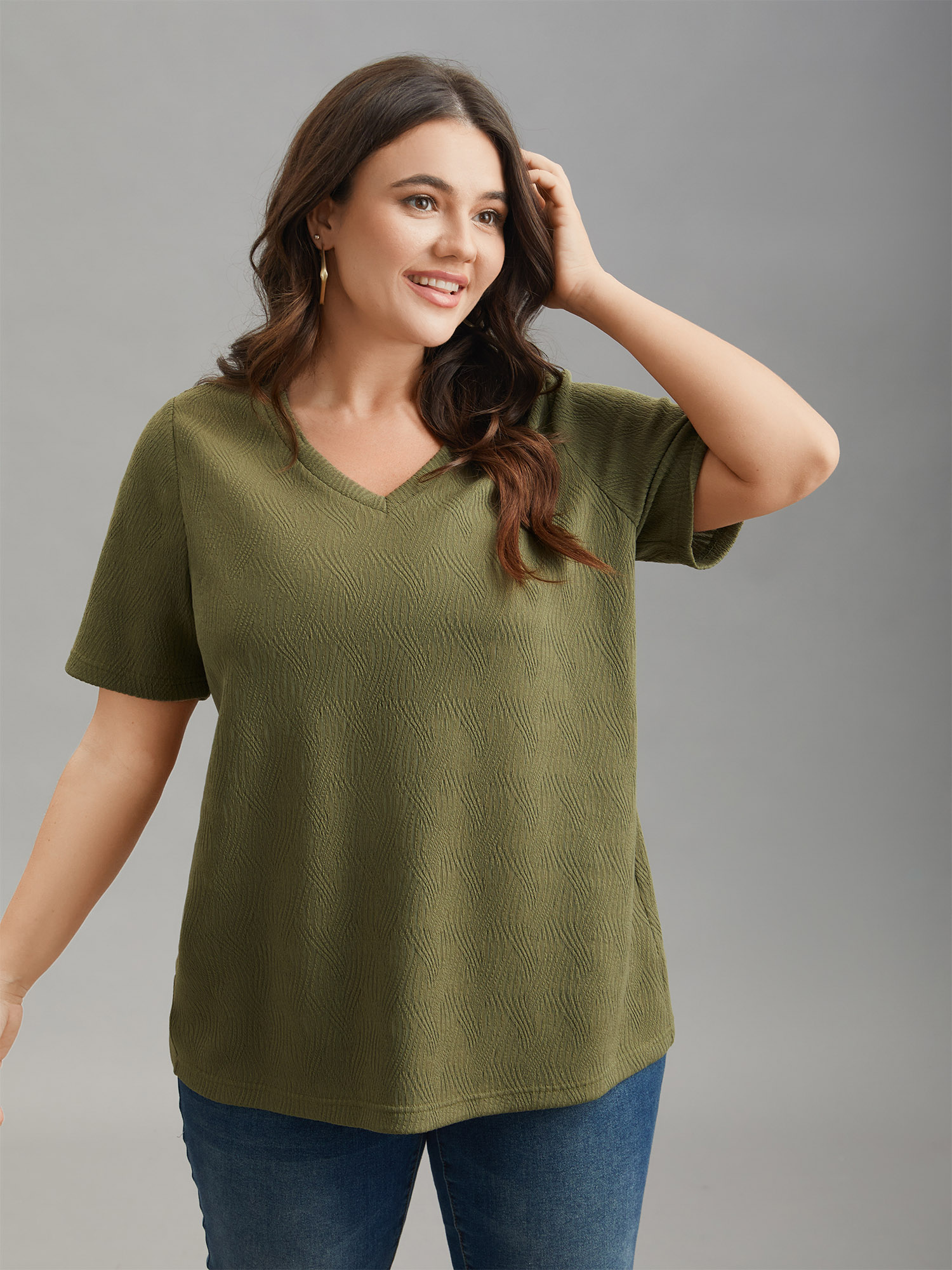 

Plus Size Textured V-Neck Half Sleeve T-Shirt ArmyGreen Women Casual Texture V-neck Everyday T-shirts BloomChic