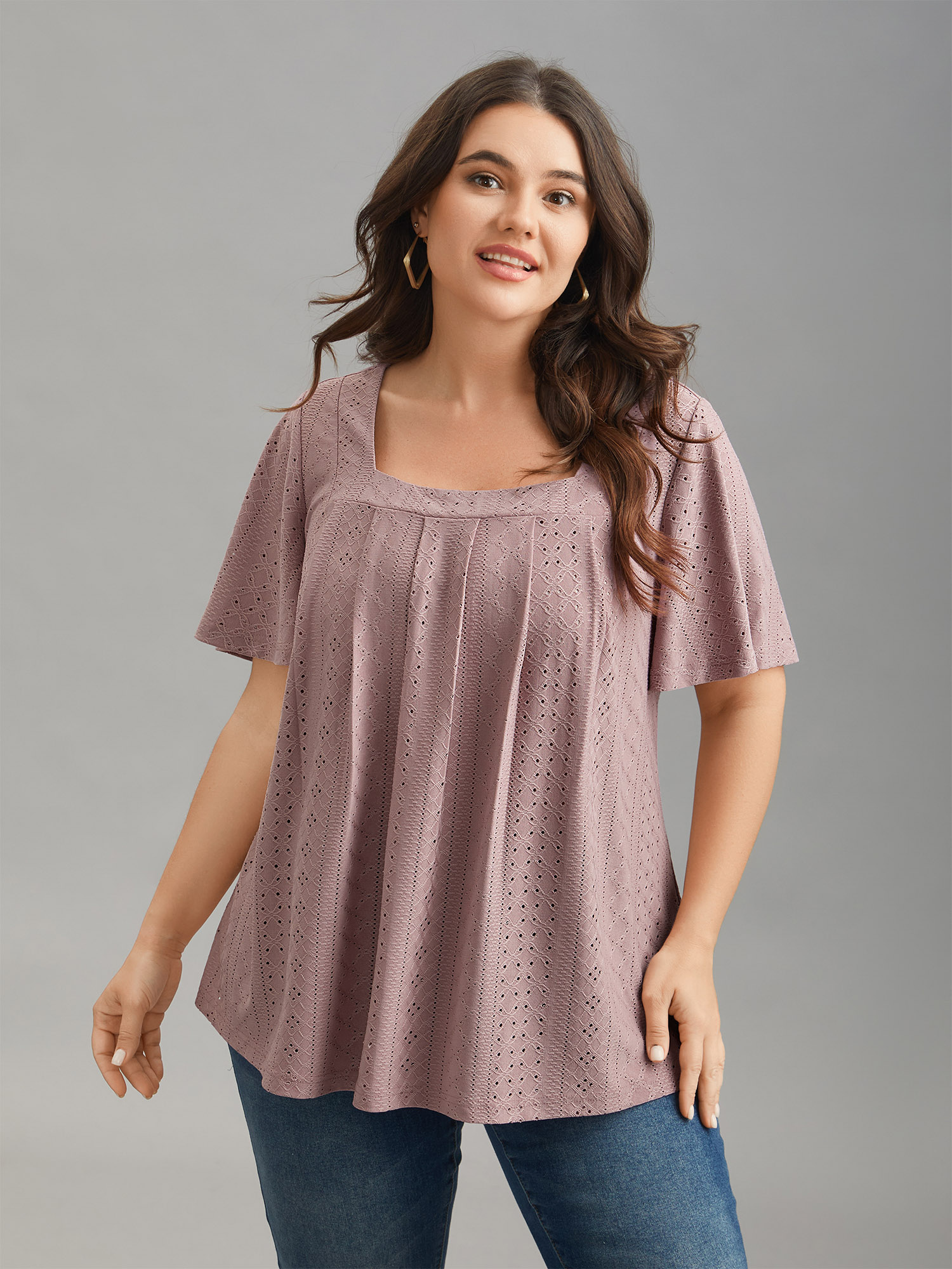 

Plus Size Textured Cut-Out Square Neck Shirt DustyPink Women Casual Texture Square Neck Everyday T-shirts BloomChic