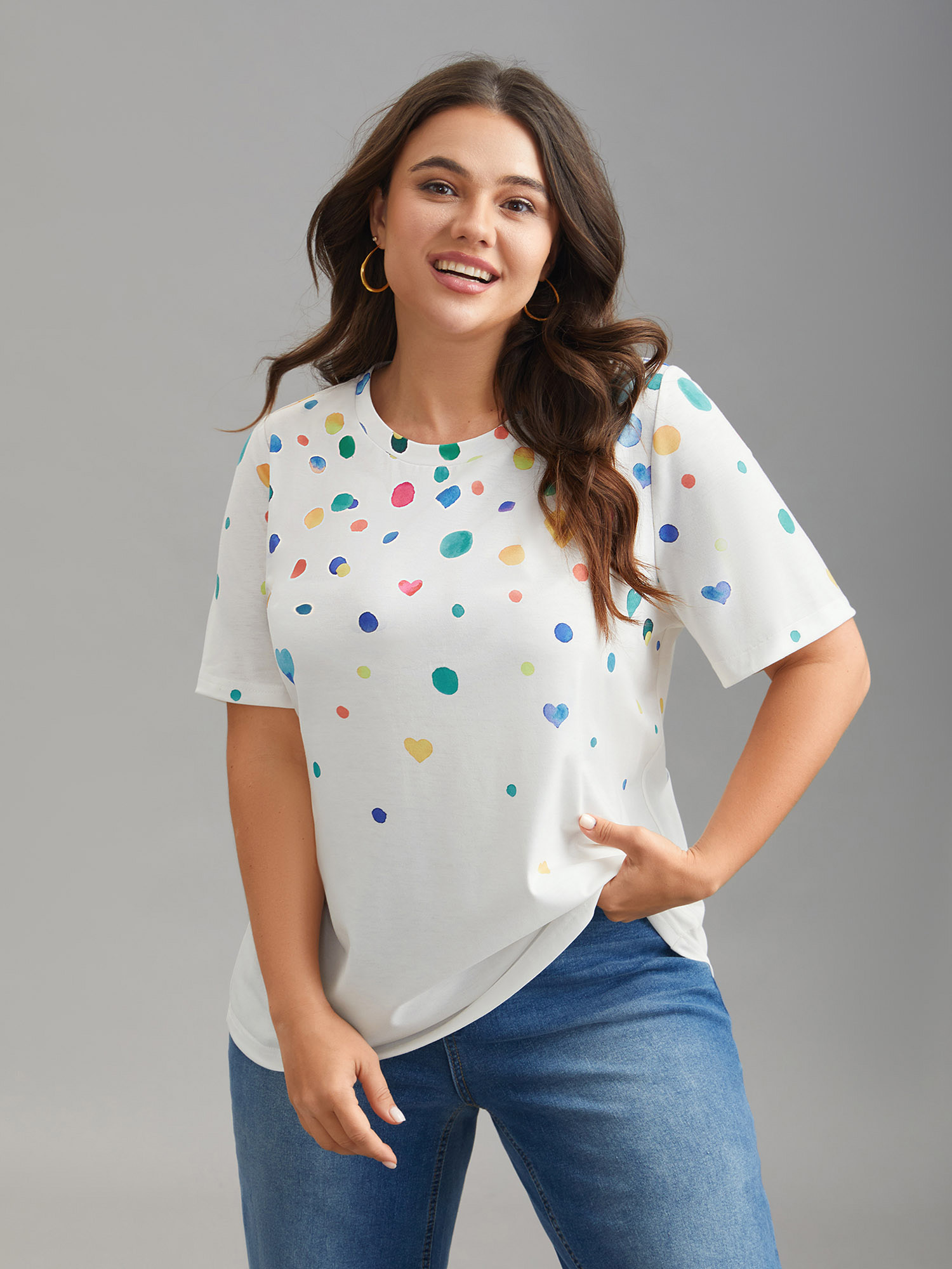 

Plus Size Geometric Print Crew Neck Fitted T-Shirt Multicolor Women Casual Non Round Neck Everyday T-shirts BloomChic