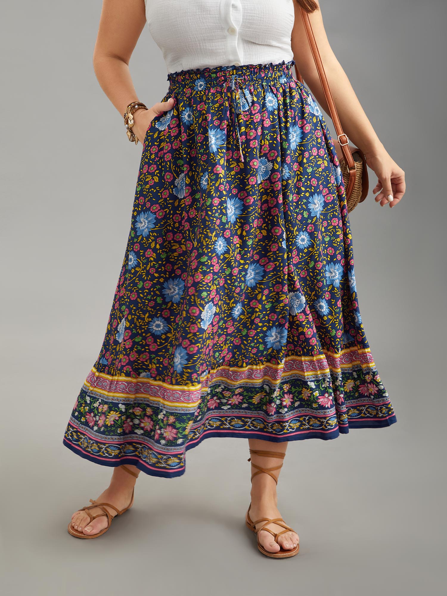 

Plus Size Boho Print Stretchy Waist Flared Maxi Skirt Women Indigo Elegant Drawstring No stretch Side seam pocket Everyday Skirts BloomChic