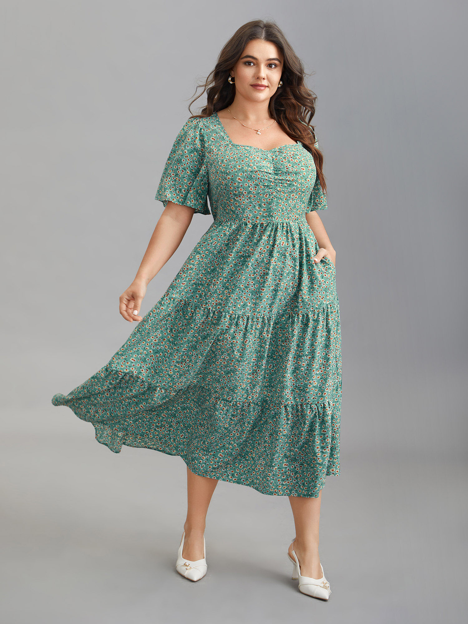 

Plus Size Ditsy Floral Print Sweetheart Neckline Tiered Dress Sage Women Elegant Gathered Heart neckline Short sleeve Curvy BloomChic