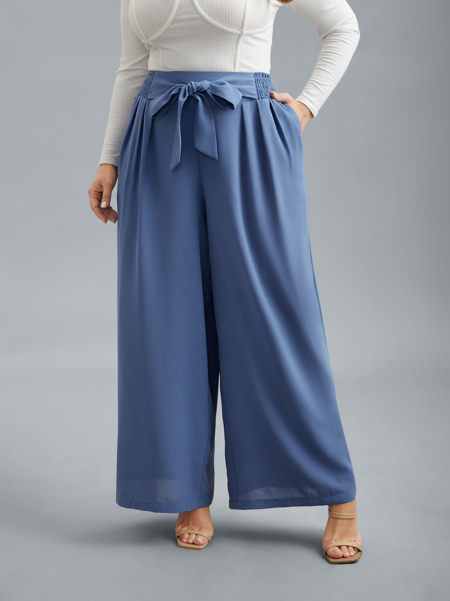 

Plus Size Smocked Waist-Tie Flared Pants Women Mediumblue Elegant Wide Leg Mid Rise Everyday Pants BloomChic