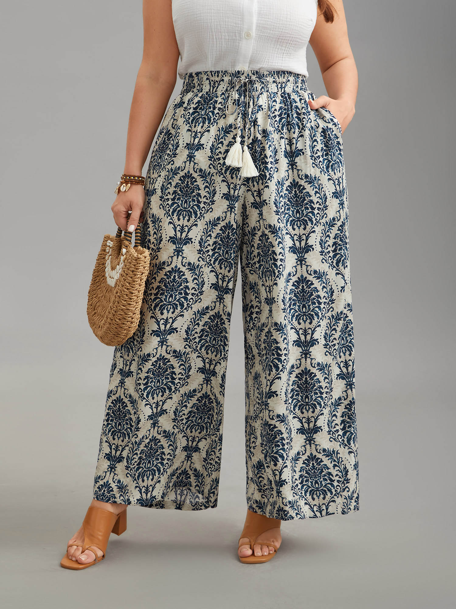 

Plus Size Boho Print Tassel Straight-Leg Pants Women DarkBlue Resort Wide Leg Mid Rise Vacation Pants BloomChic