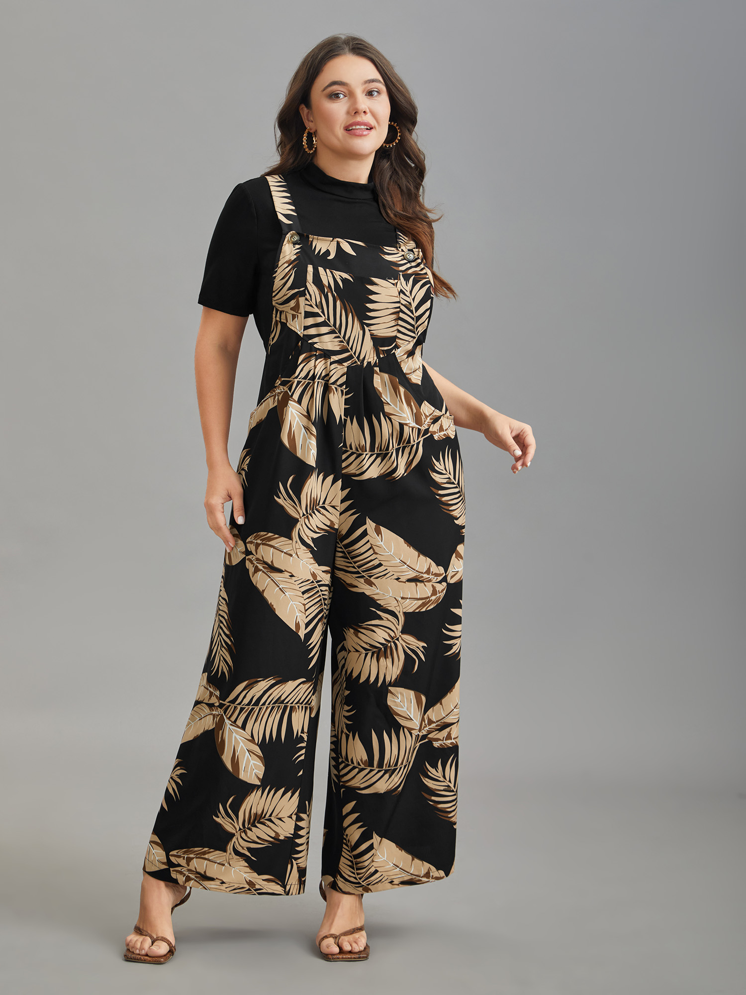 

Plus Size Black Tropical Leaf Print Overall Straps Jumpsuit Women Elegant Sleeveless Non Everyday Loose Jumpsuits BloomChic