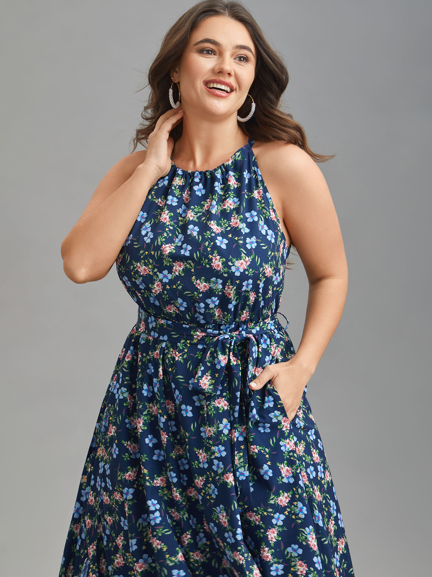 

Plus Size Floral Print Belted Stretchy Waist Midi Dress Navy Women Elegant Gathered Halter neck Sleeveless Curvy BloomChic