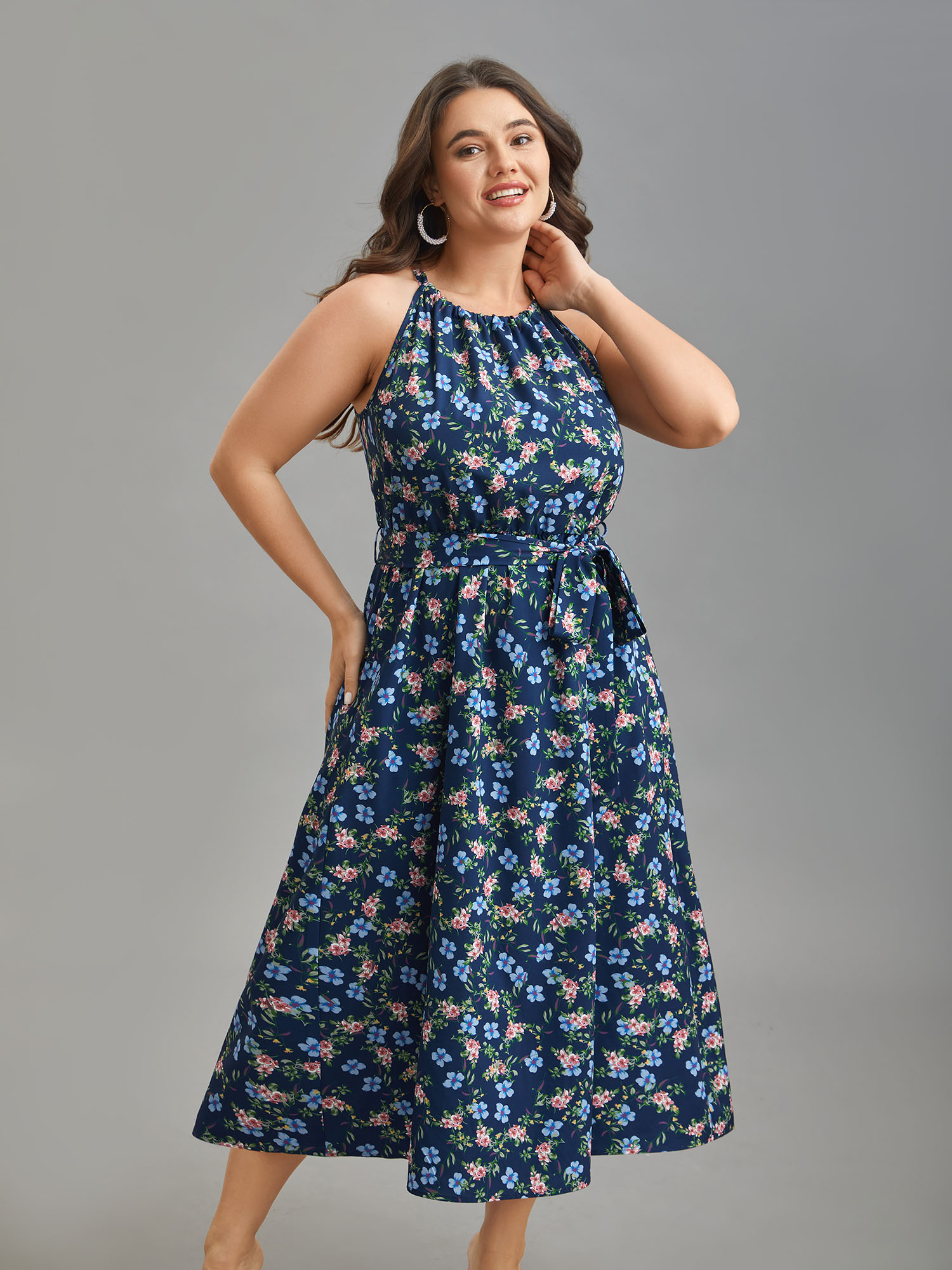 

Plus Size Floral Print Belted Stretchy Waist Midi Dress Navy Women Elegant Gathered Halter neck Sleeveless Curvy BloomChic