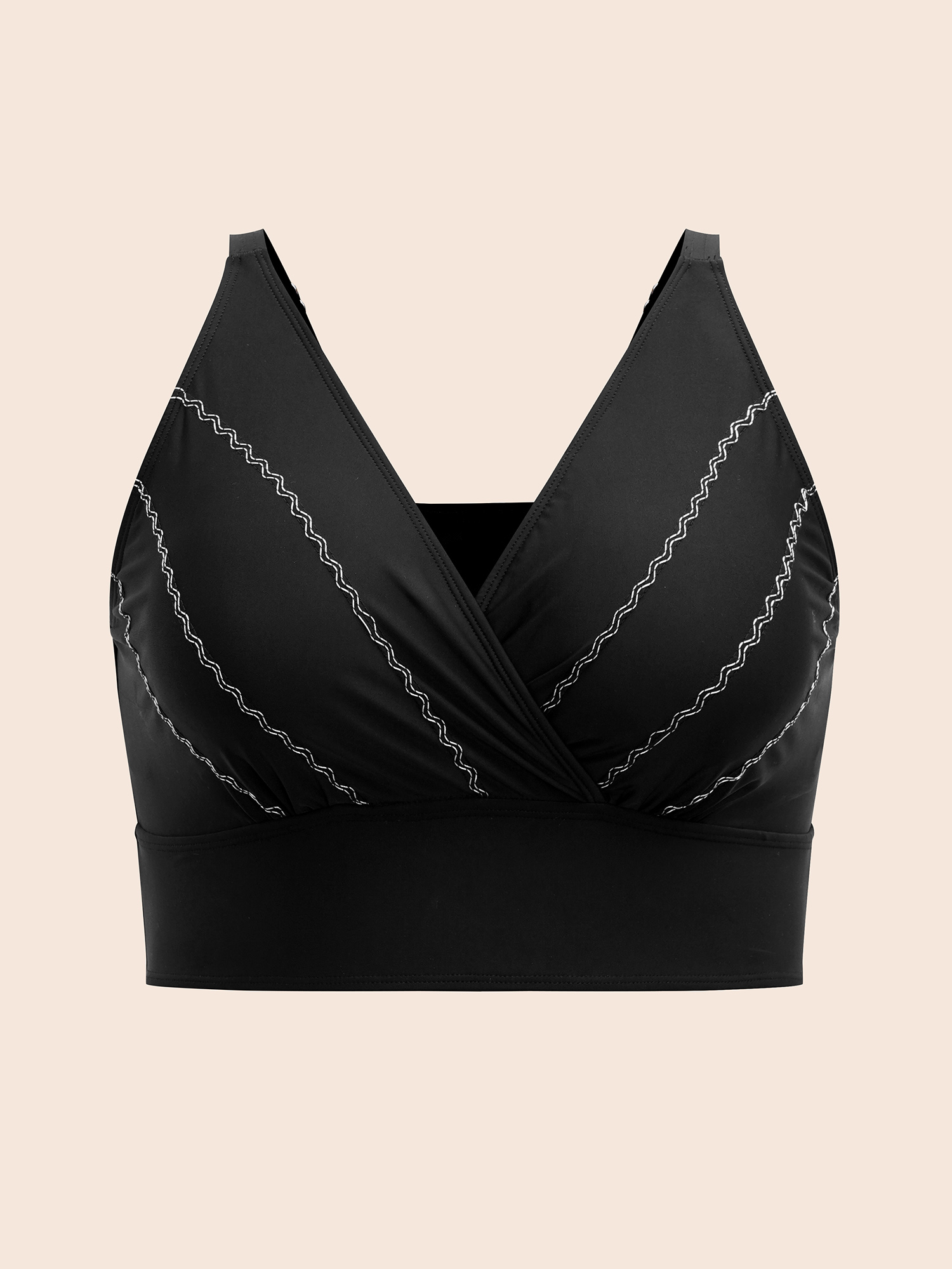 Plus Size Embroidered Surplice Neck Adjustable Swim Top Women`s Swimwear Black Beach High stretch Skinny Overlap Collar Curve Swim Tops BloomChic 30/6X 