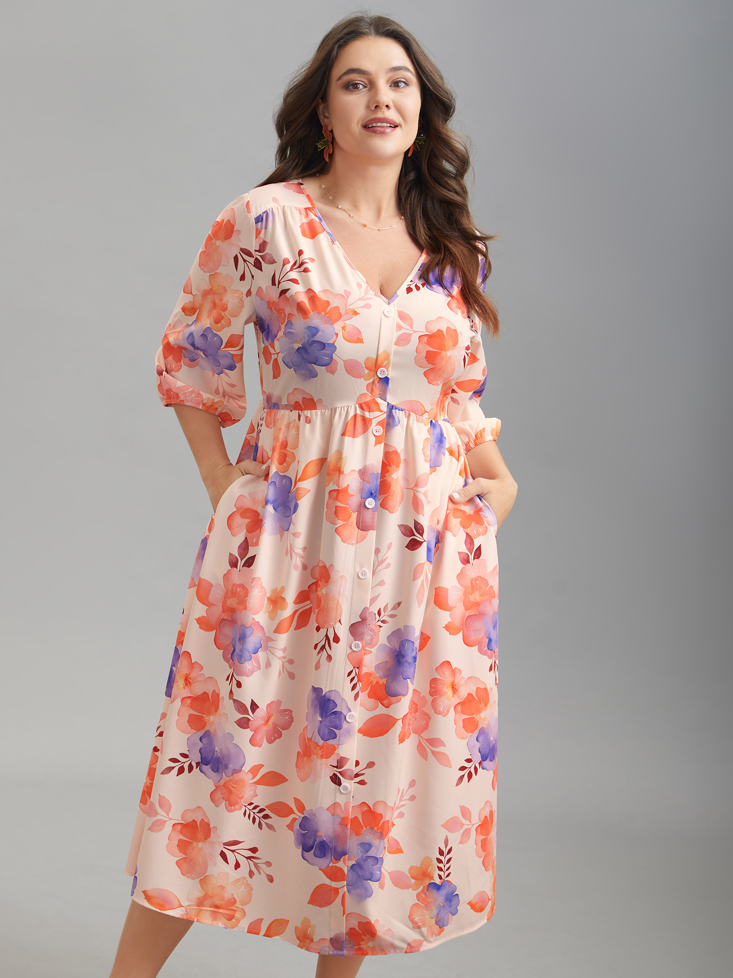 

Plus Size Floral Fusion Front-Placket Midi Dress Blush Women Elegant Button V-neck Elbow-length sleeve Curvy BloomChic