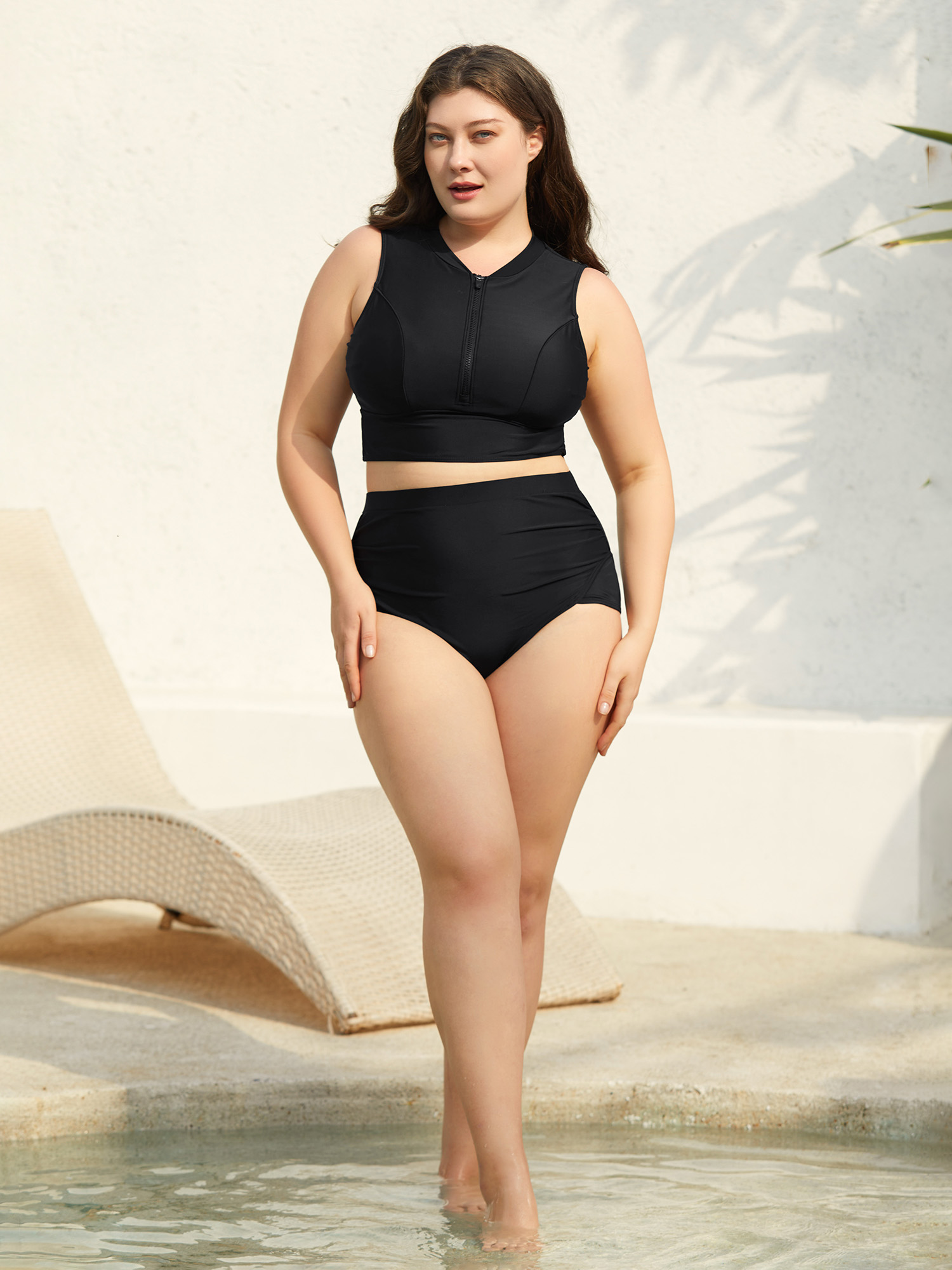 

Plus Size Glide Lock Zipper Plain Fitted Swim Top Women's Swimwear Black Beach High stretch Skinny V-neck Curve Swim Tops BloomChic