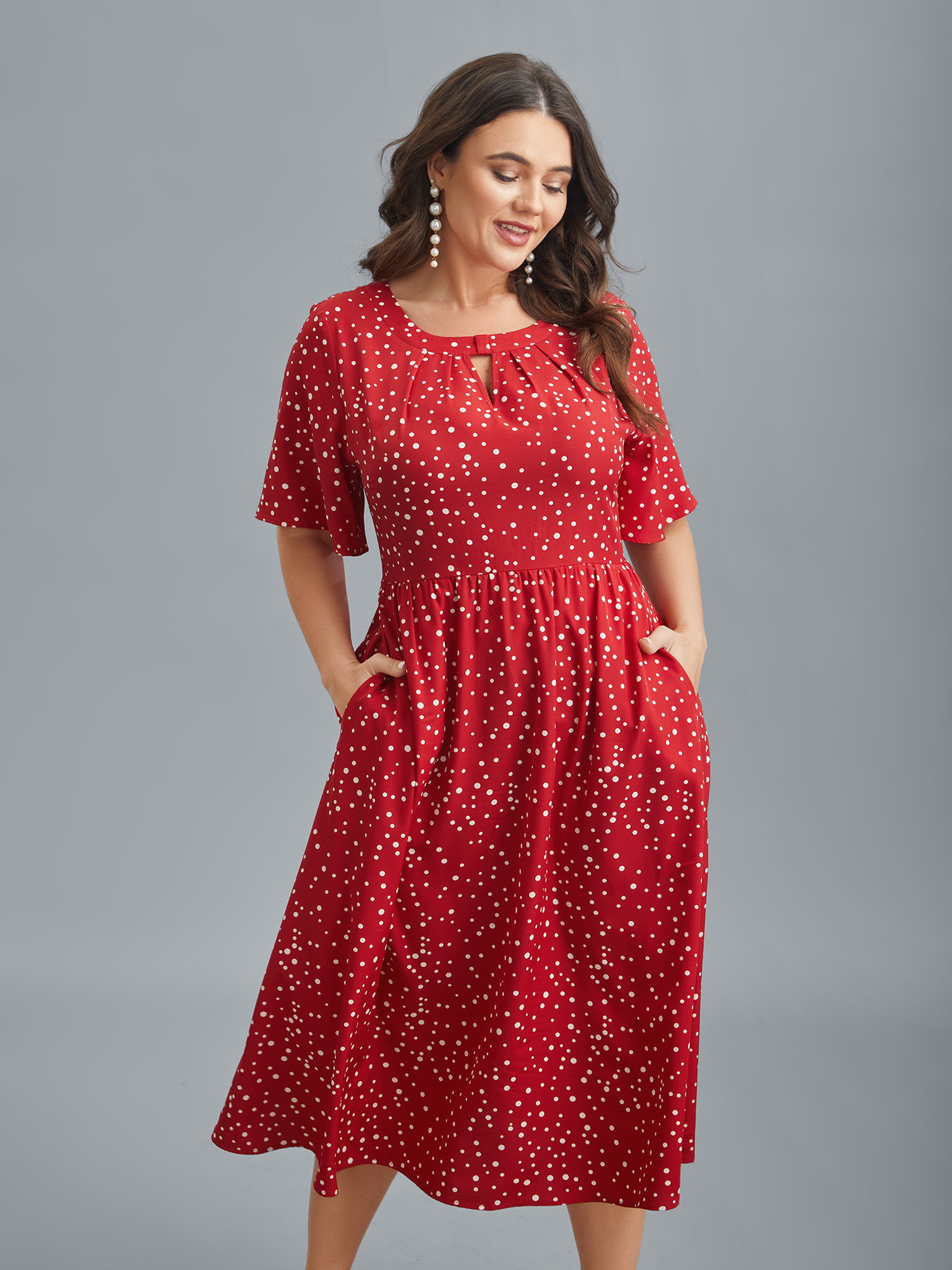 

Plus Size Polka Dots Print Cut-Out Flutter Sleeve Midi Dress Scarlet Women Elegant Pleated Round Neck Short sleeve Curvy BloomChic