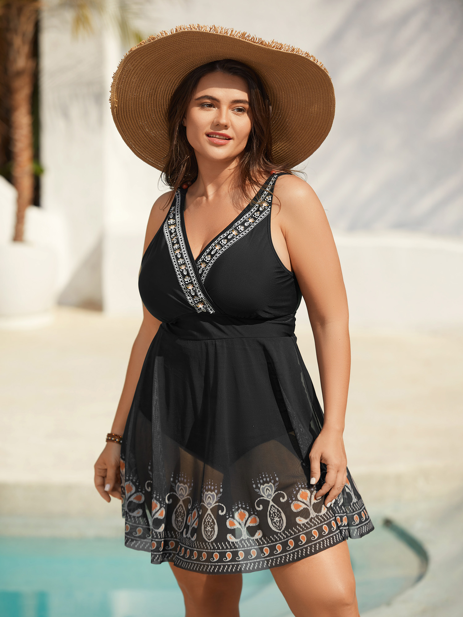 

Plus Size Embroidered Boho Print Surplice Neck Swim Dress Women's Swimwear Black Beach Bodycon Overlap Collar High stretch Curve Swim Dresses BloomChic