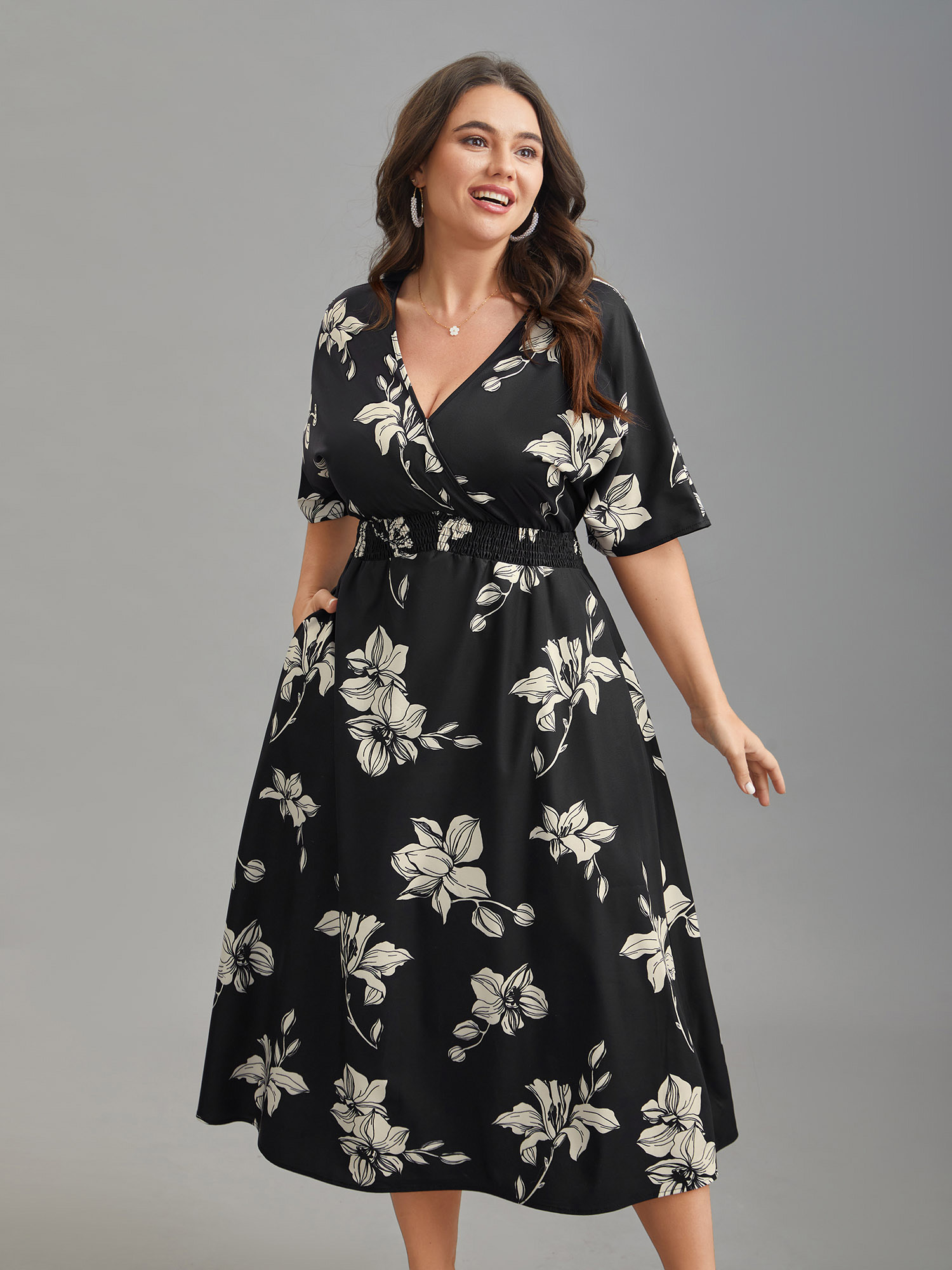 

Plus Size Silhouette Floral Print Shirred Waist Midi Dress BlackFlower Women Elegant Shirred Overlap Collar Short sleeve Curvy BloomChic