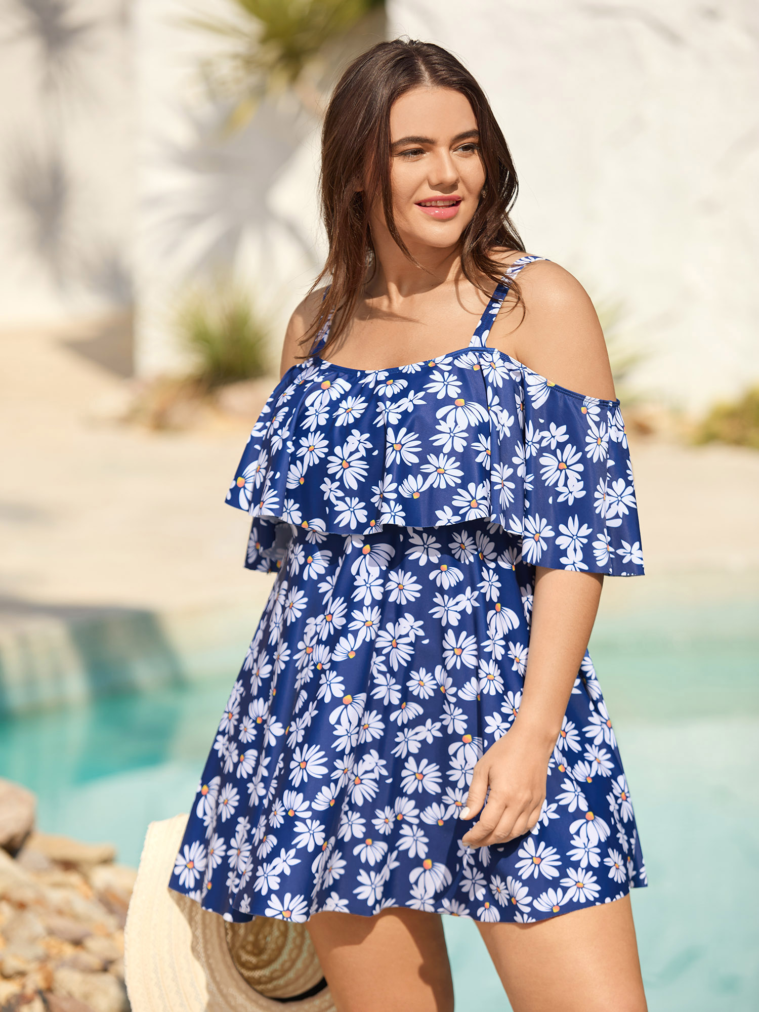 

Plus Size Floral Print Cold-Shoulder Swim Dress Women's Swimwear Aegean Beach Bodycon One-shoulder neck High stretch Curve Swim Dresses BloomChic