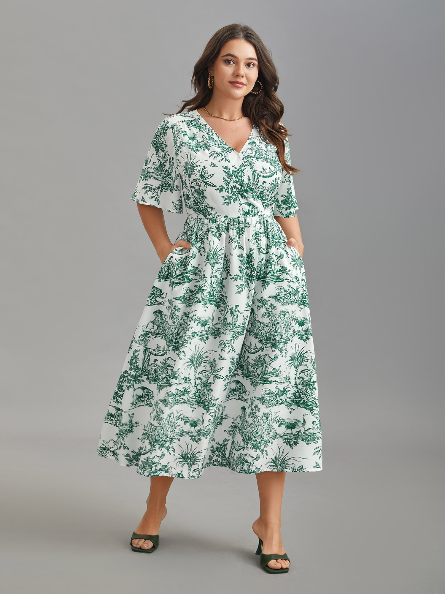 

Plus Size Forest Print Waist-Cinched Surplice Neck Dress Emerald Women Elegant Non Overlap Collar Half Sleeve Curvy BloomChic