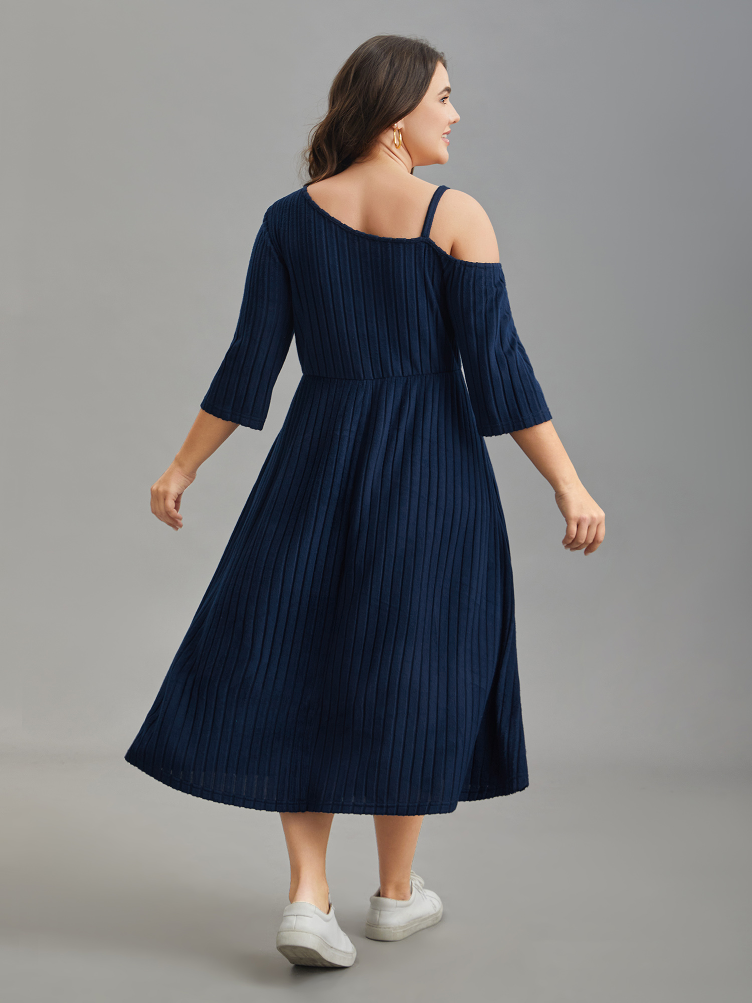 

Plus Size One-Shoulder Pit-Strip Knit Buckle Midi Dress DarkBlue Women Casual Texture Knit Dresses Bloomchic