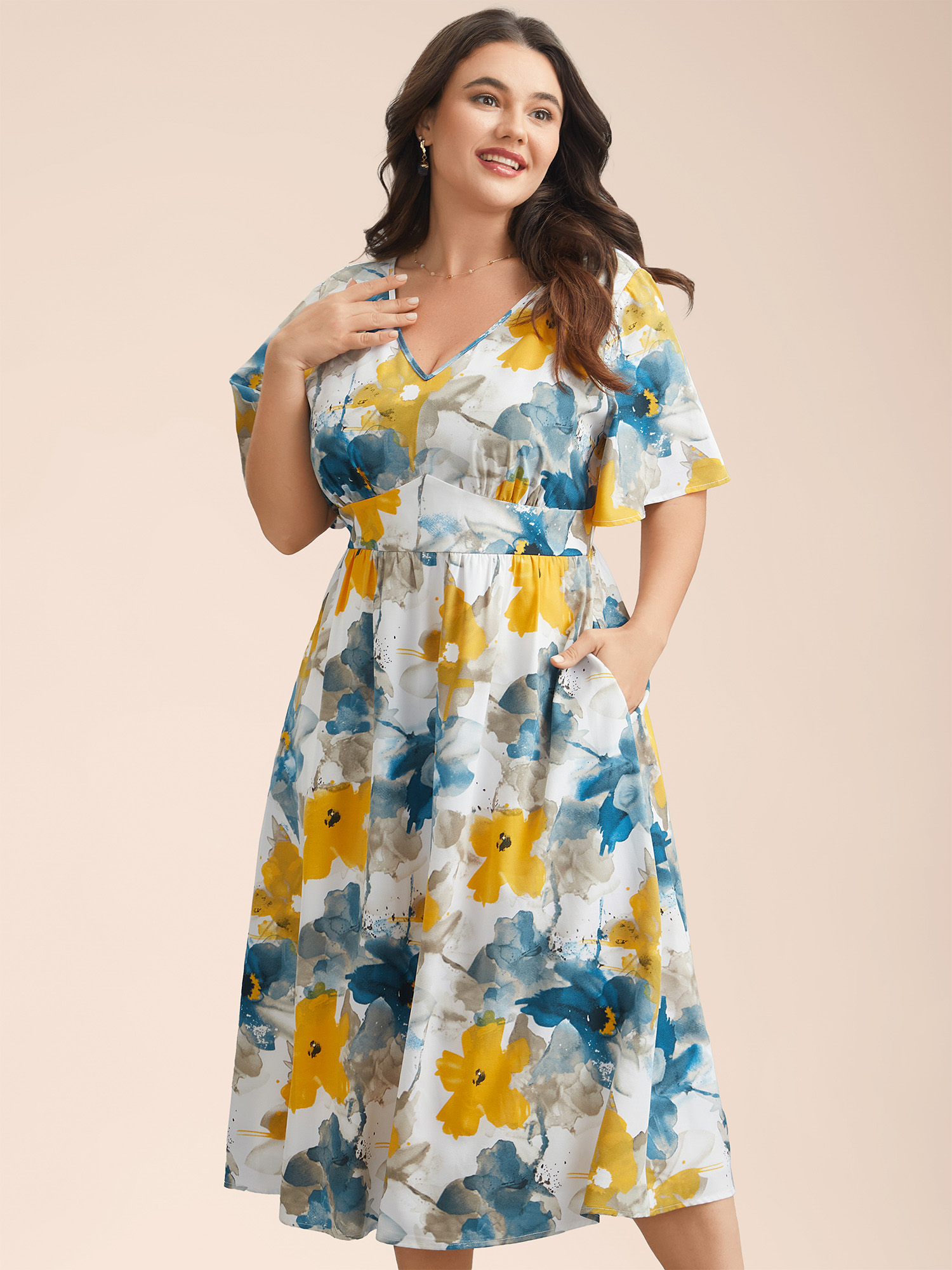 

Plus Size Floral Wrap Neck Fit & Flare Dress Aegean Women Elegant Gathered V-neck Short sleeve Curvy BloomChic