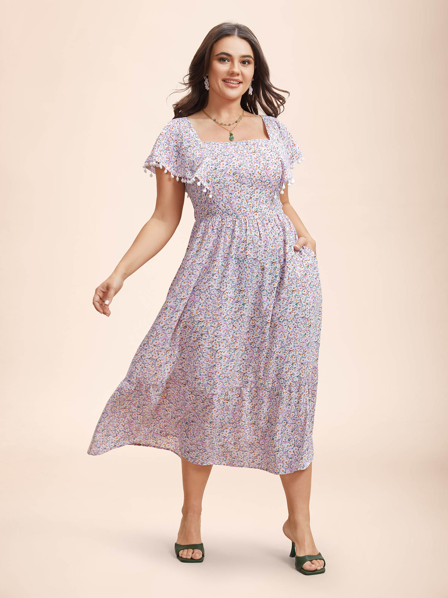 

Plus Size Square Neck Floral Print Tassels Tiered Midi Dress Lavender Women Elegant Woven ribbon&lace trim Square Neck Short sleeve Curvy BloomChic