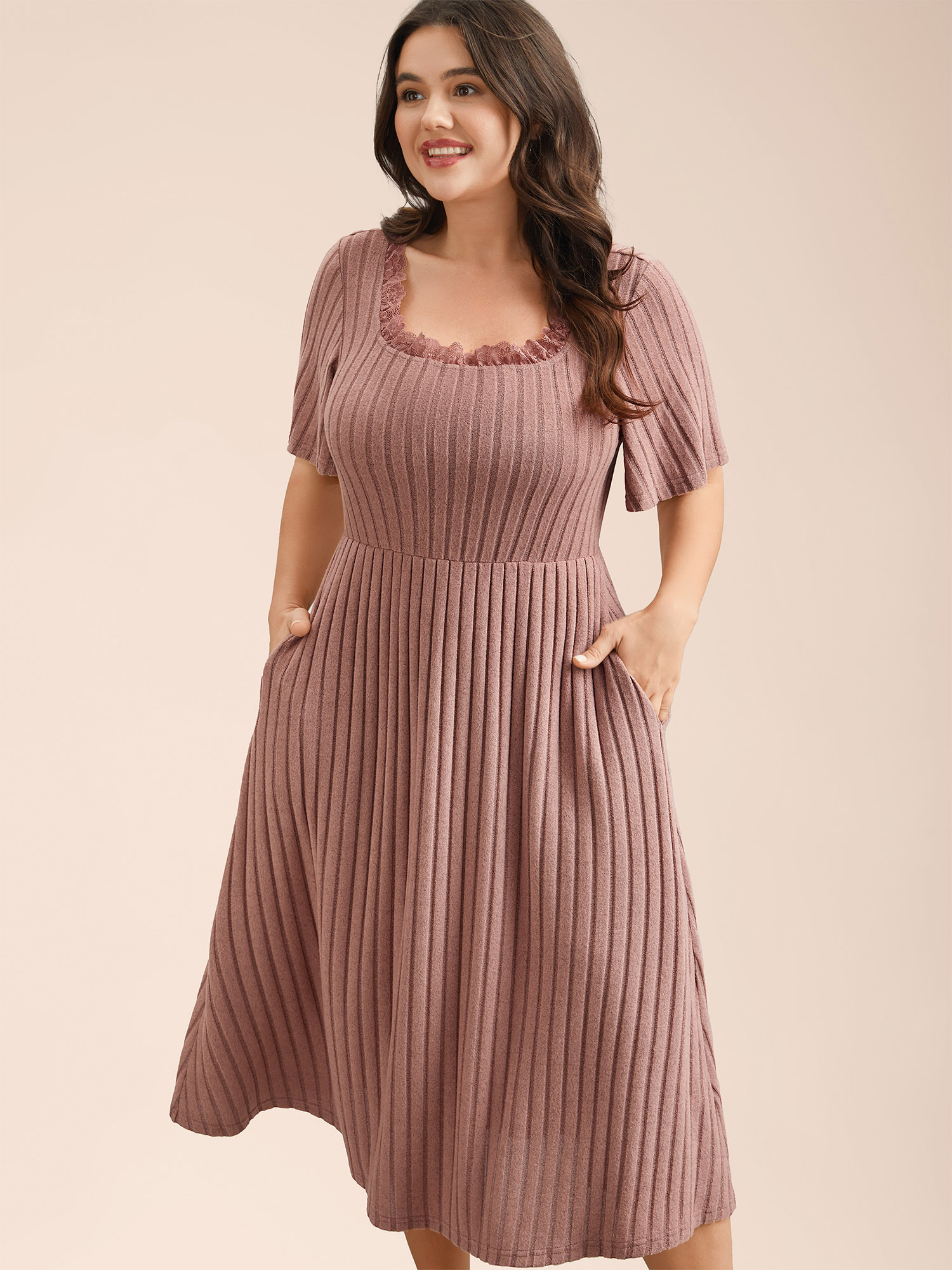 

Plus Size Ribbed Ruffled Lace Edges Midi Dress Dirtypink Women Casual Woven ribbon&lace trim Knit Dresses Bloomchic