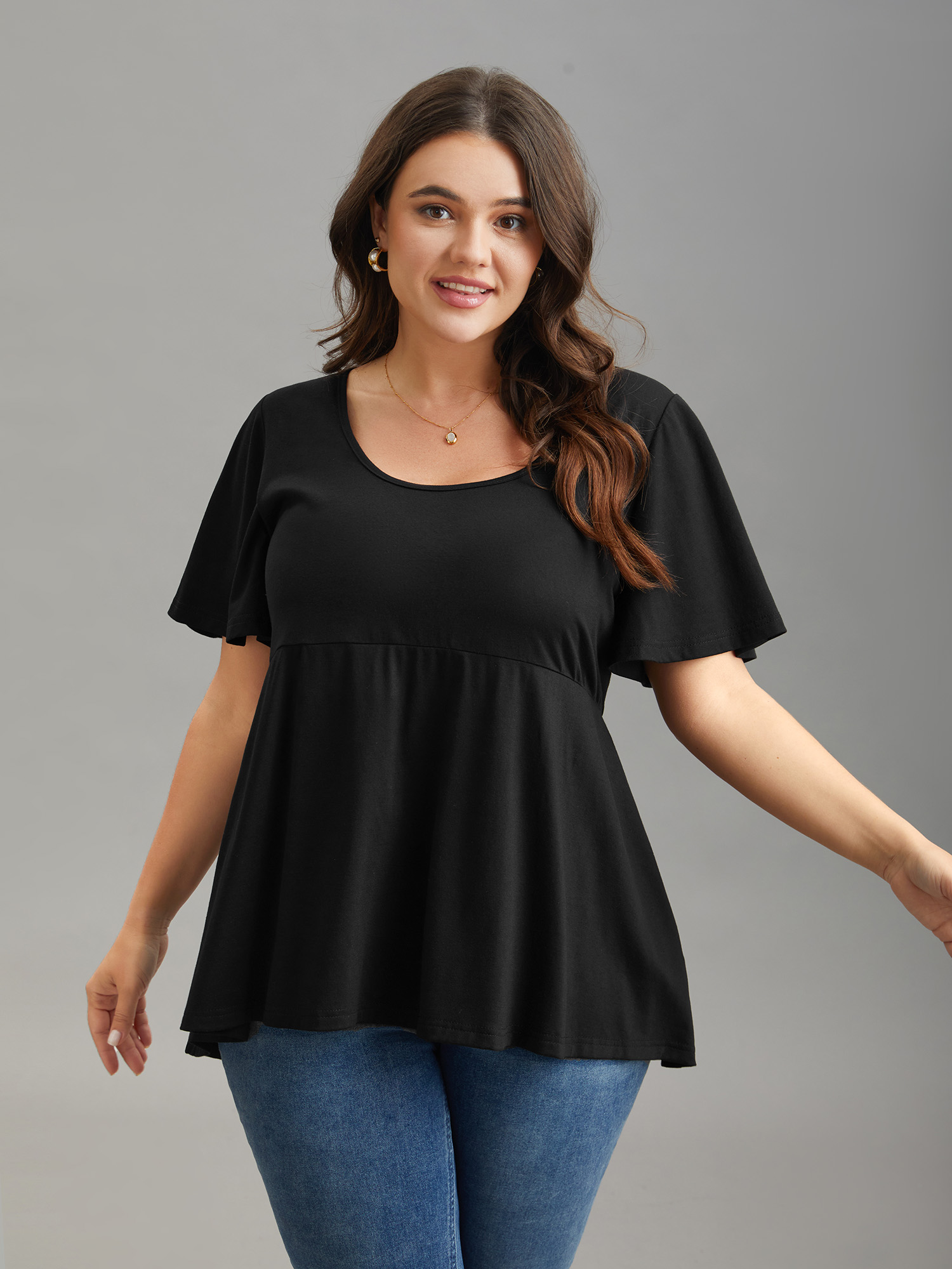 

Plus Size Ruffled Sleeve Round Neck Babydoll Top Black U-neck Short sleeve Elegant Jersey Tops