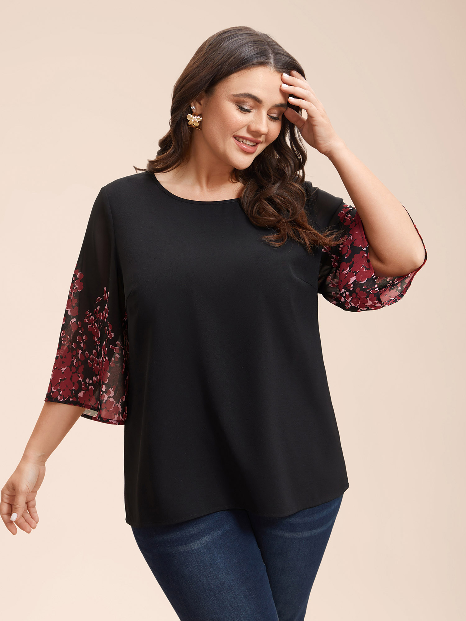 

Plus Size Black Floral Spliced Round Neck Blouse Women Elegant Elbow-length sleeve Non Everyday Blouses BloomChic