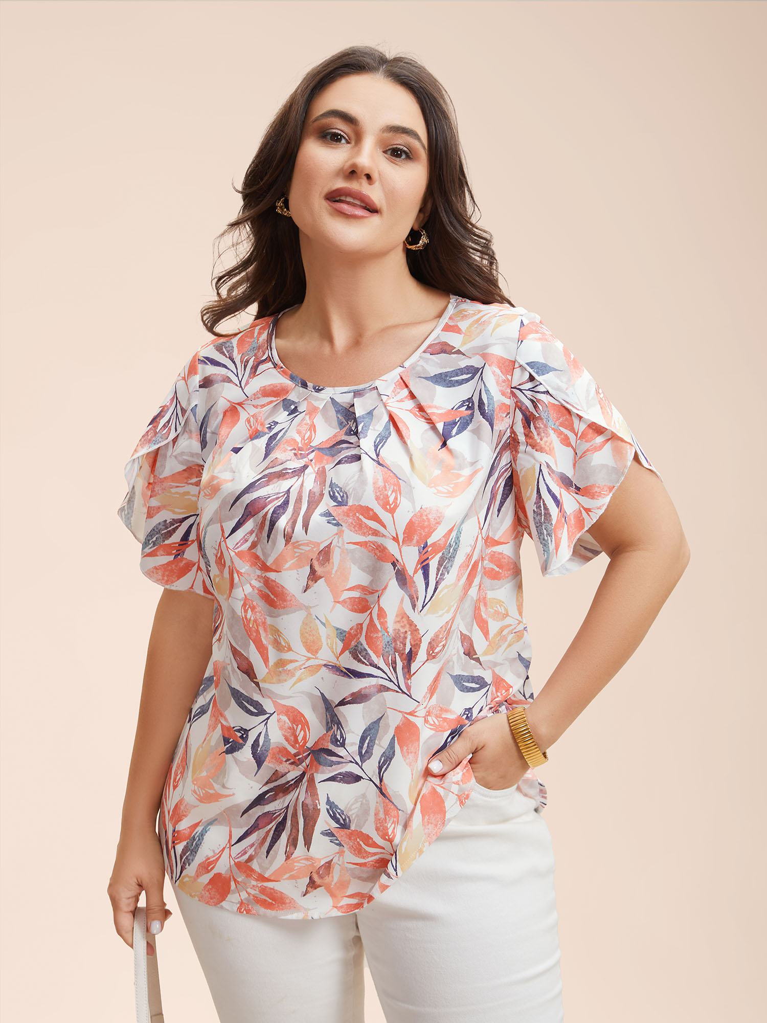 

Plus Size Multicolor Floral Petal Sleeve Pleated Shirt Women At the Office Short sleeve Round Neck Work Blouses BloomChic