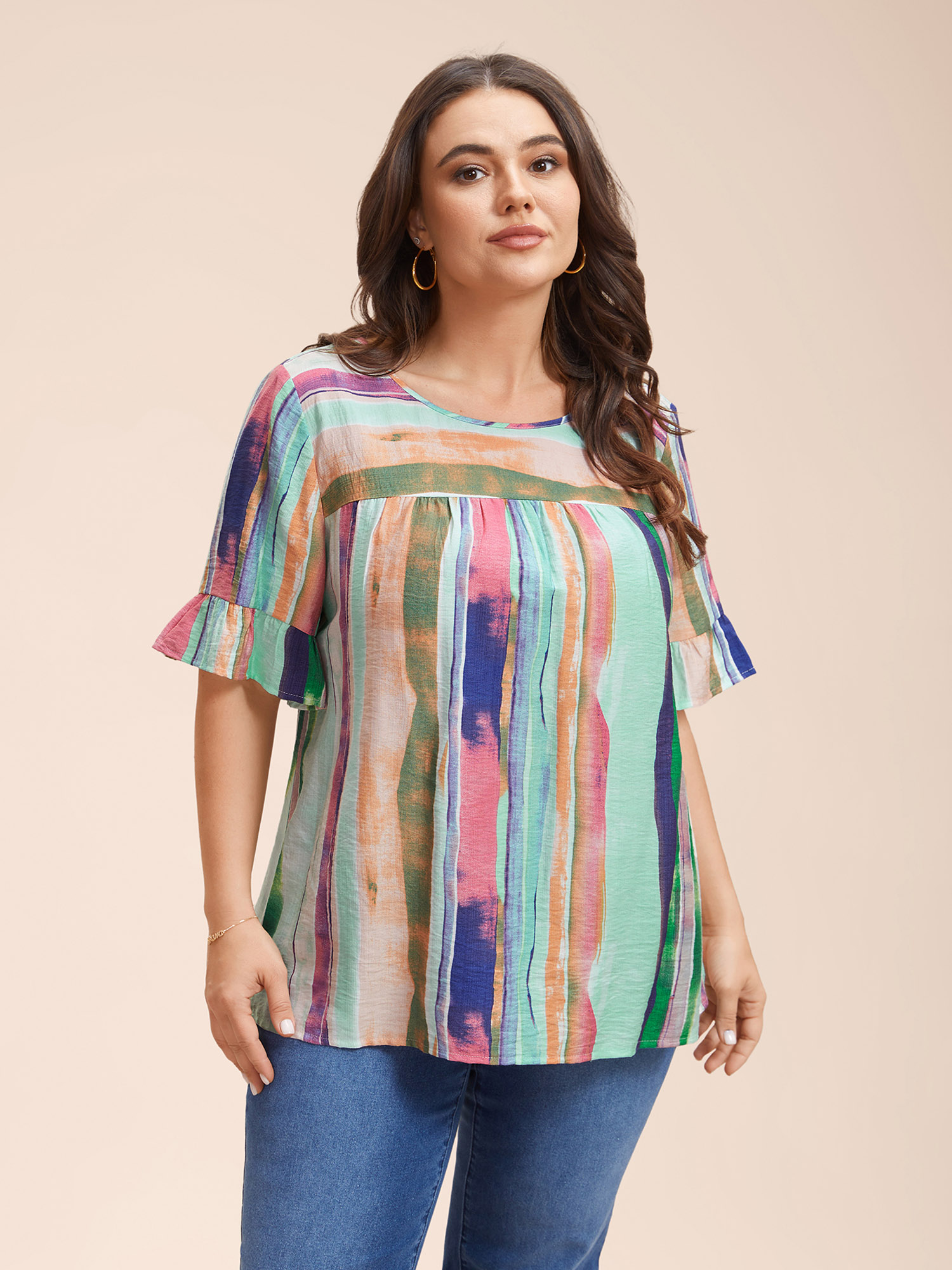 

Plus Size Multicolor Multi-Color Striped Curved Hem Shirt Women Casual Half Sleeve Round Neck Everyday Blouses BloomChic