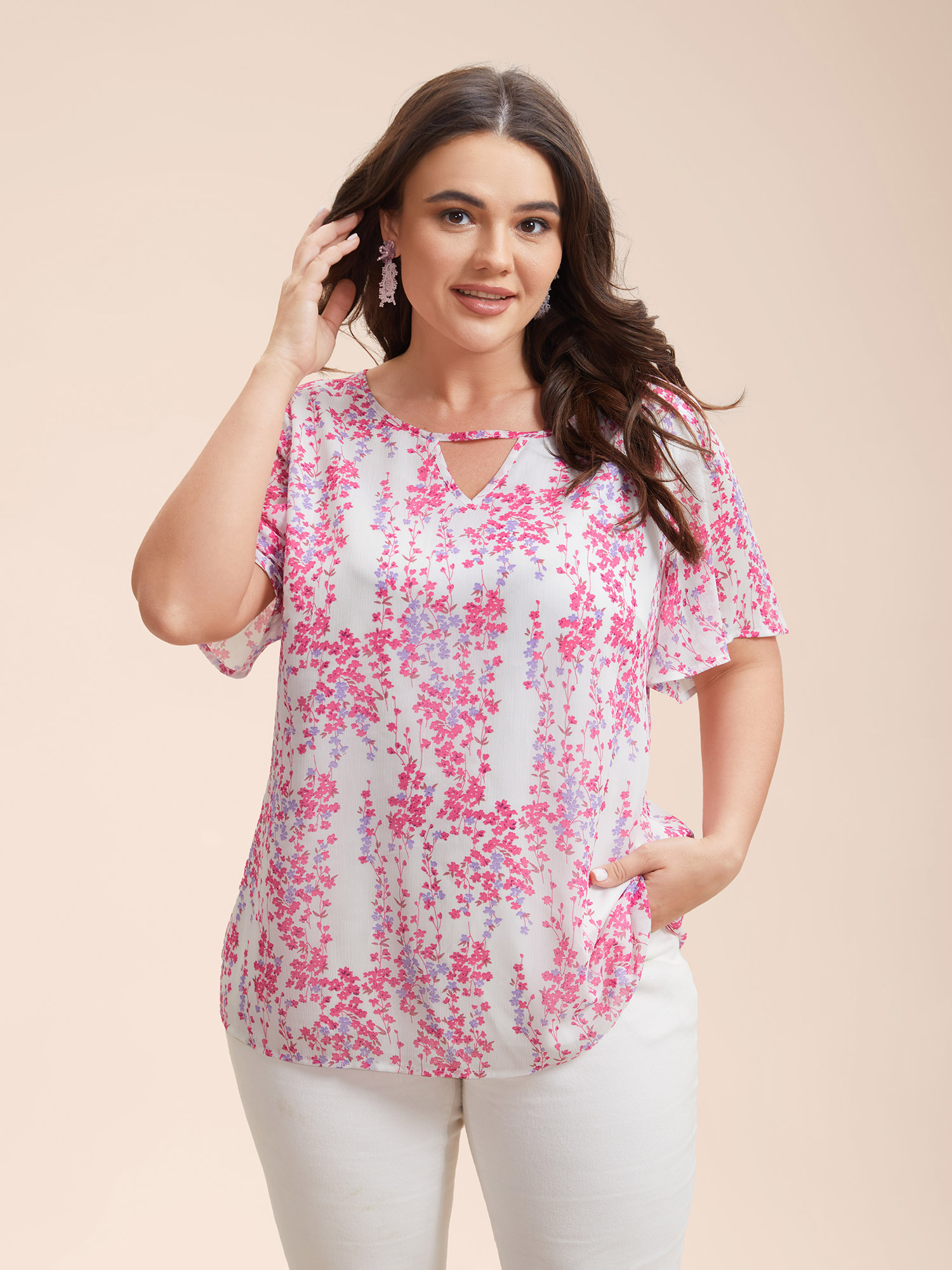 

Plus Size WhiteSmoke Floral Neck Cut-Out Flutter Sleeve Shirt Women Elegant Short sleeve Round Neck Everyday Blouses BloomChic