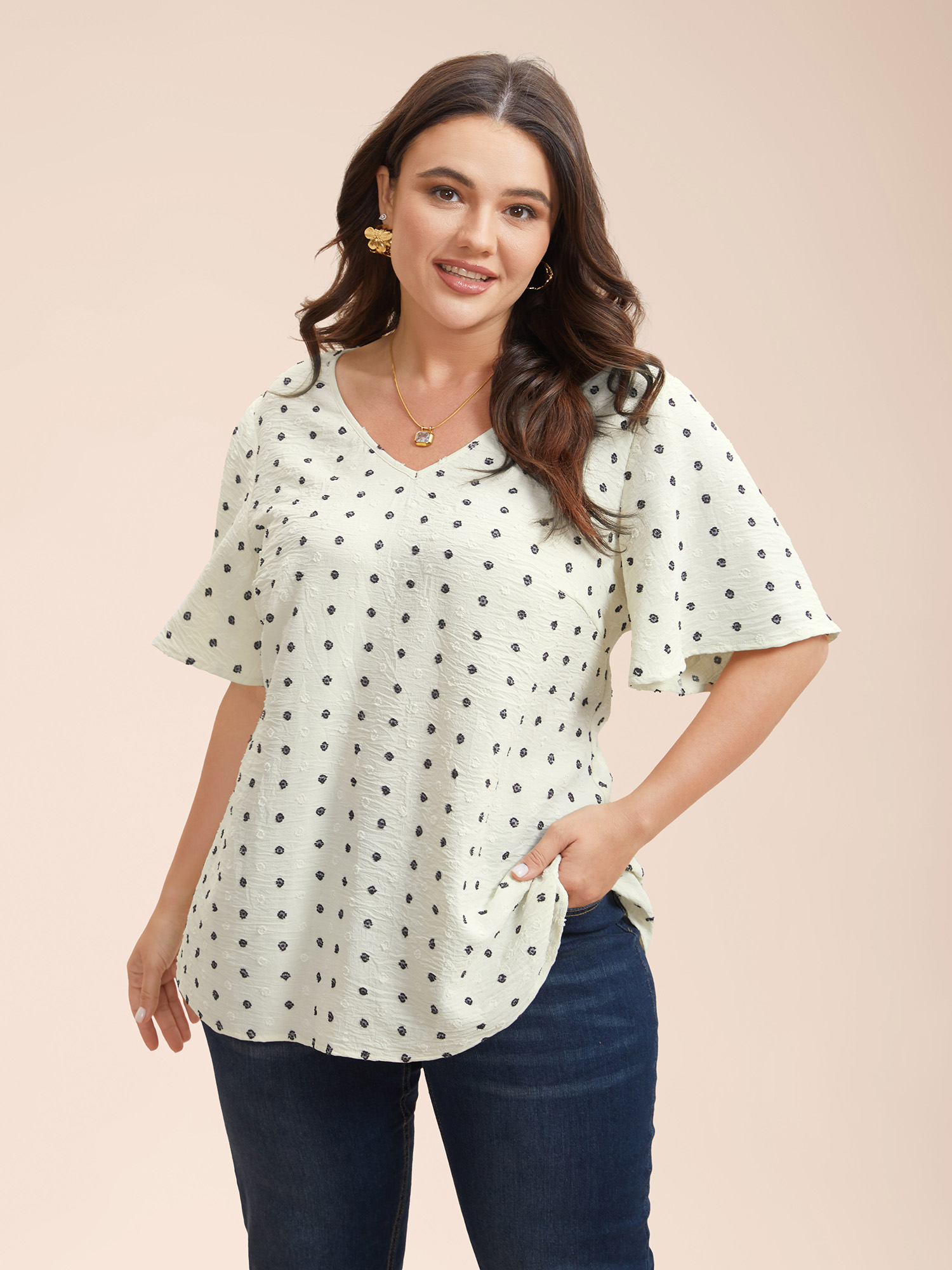 

Plus Size Beige Textured Polka Dot Print Flared Sleeve Shirt Women Elegant Short sleeve V-neck Everyday Blouses BloomChic