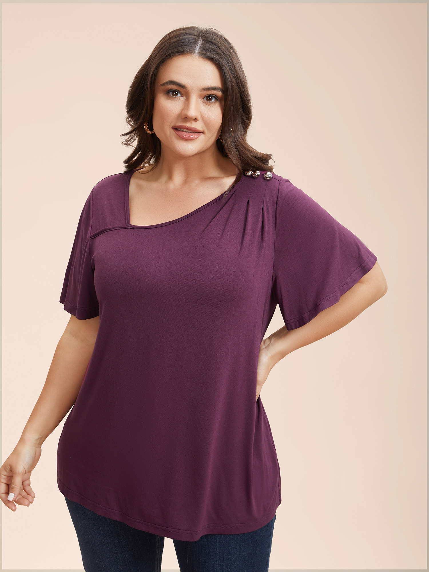 

Plus Size Supersoft Asymmetrical Neckline Flutter Sleeve T-Shirt Plum Women Casual Pleated Asymmetrical Neck Everyday T-shirts BloomChic