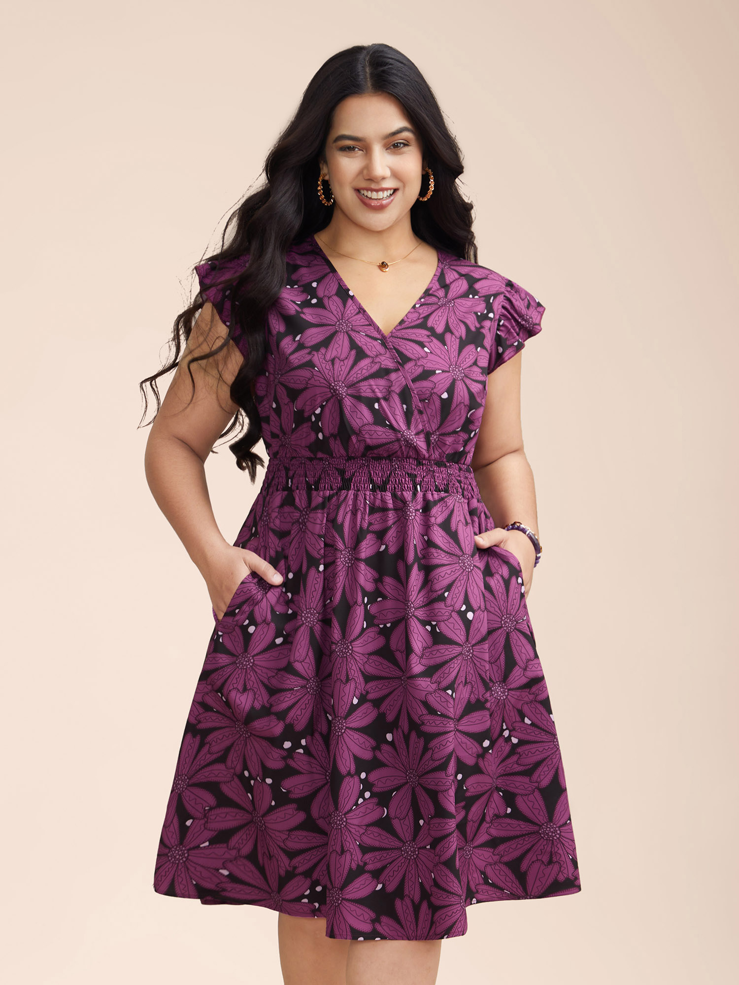 

Plus Size Surplice Neck Floral Shirred Elastic Waist Midi Dress DarkViolet Women Elegant Shirred Overlap Collar Cap Sleeve Curvy BloomChic