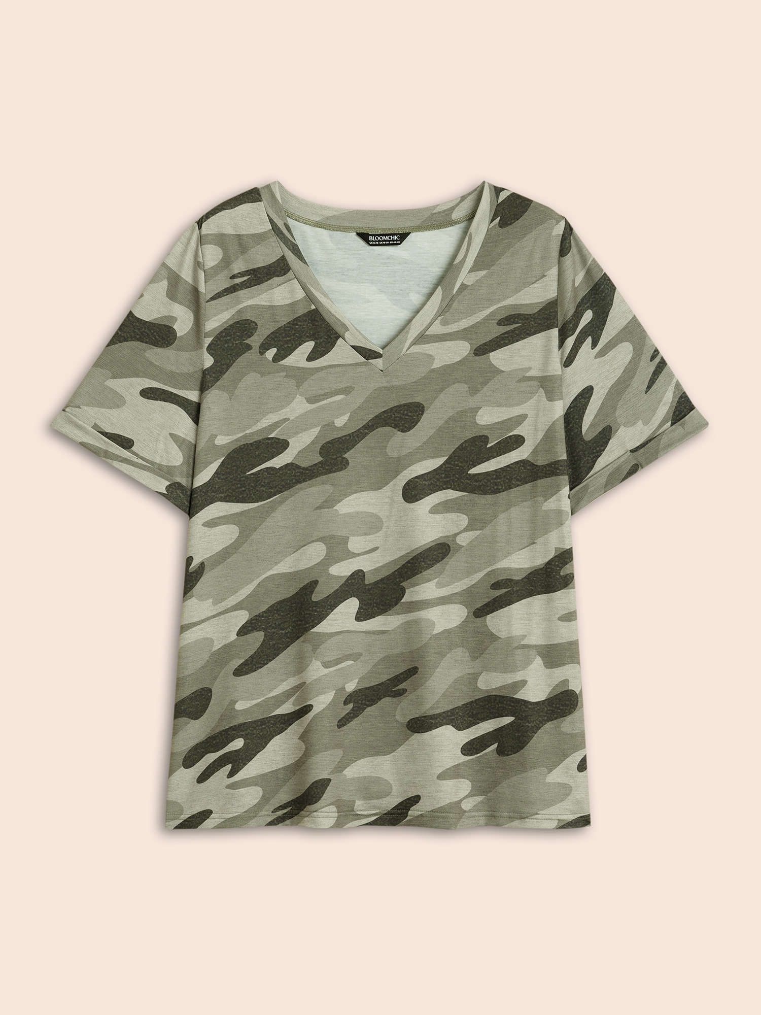 

Plus Size Camouflage Print V-Neck Curvy T-Shirt Multicolor Women Elegant Roll Hem V-neck Everyday T-shirts BloomChic