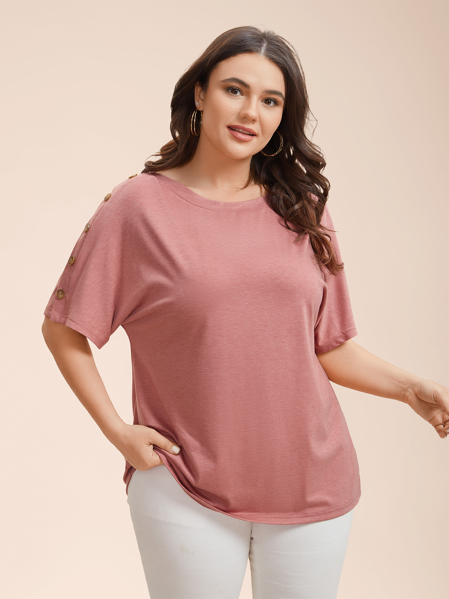 

Plus Size Decorative Buttons Half-Sleeve Plain T-Shirt Rouge Women Casual Button Boat Neck Everyday T-shirts BloomChic