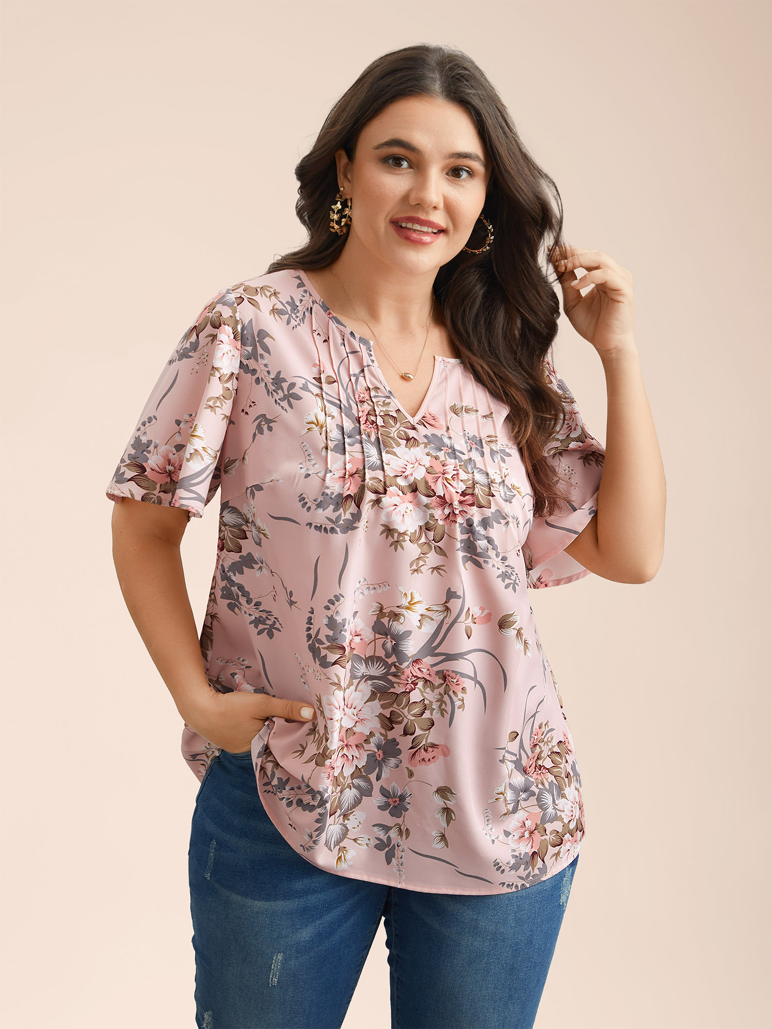 

Plus Size Nudepink Spring Pattern Neck Cut-Out Pleated Shirt Women Elegant Short sleeve Notched collar Everyday Blouses BloomChic