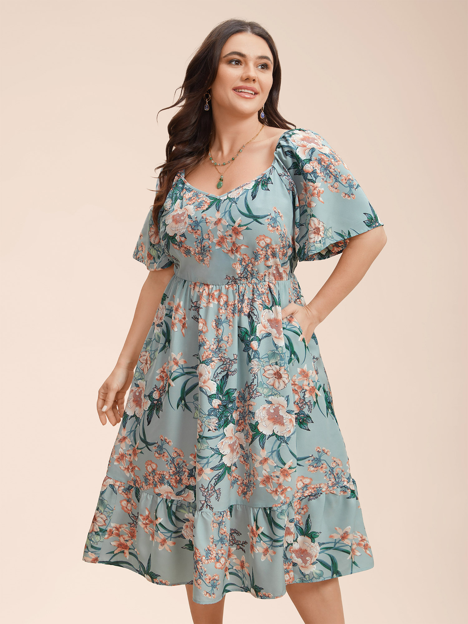 

Plus Size Floral Print Flared Sleeve Pockets Midi Dress Mint Women Elegant Non Heart neckline Short sleeve Curvy BloomChic