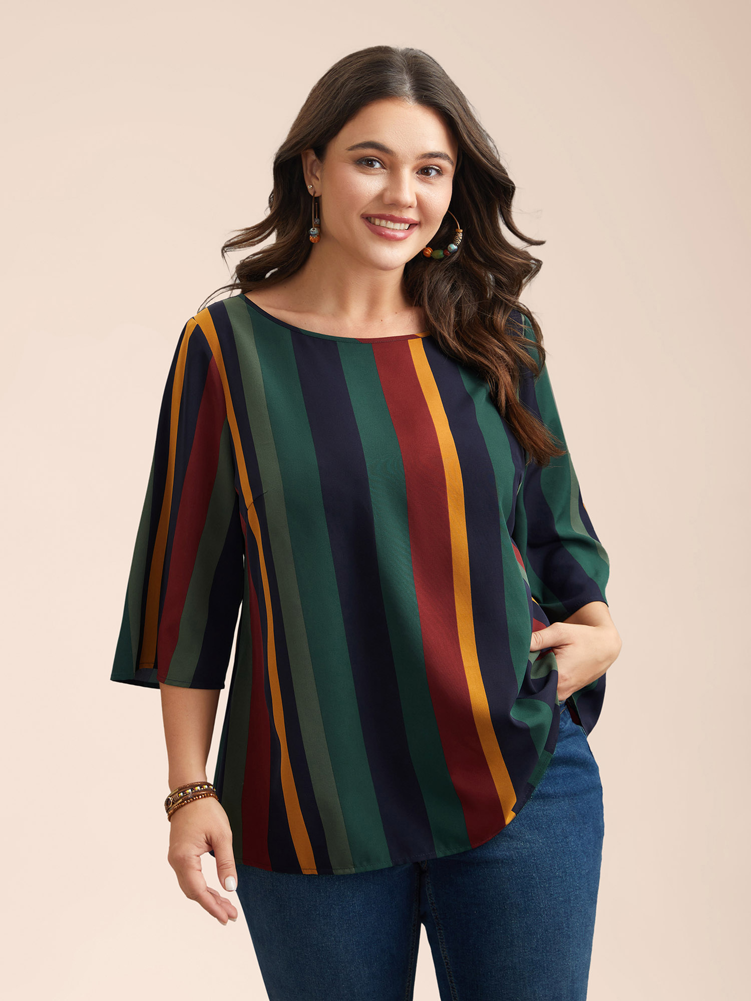 

Plus Size Multicolor Multi-Color Striped Round Neck Shirt Women Resort Elbow-length sleeve Round Neck Vacation Blouses BloomChic