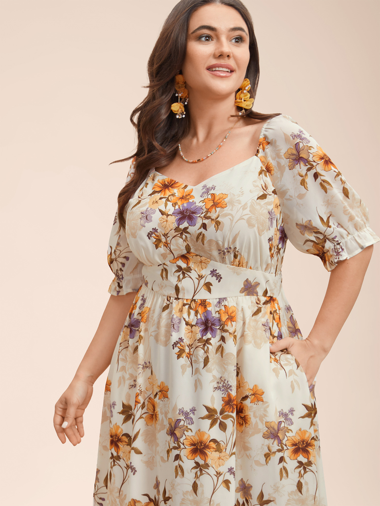 

Plus Size Chiffon Floral Waist-Cinched Maxi Dress Beige Women Elegant Gathered Heart neckline Half Sleeve Curvy BloomChic