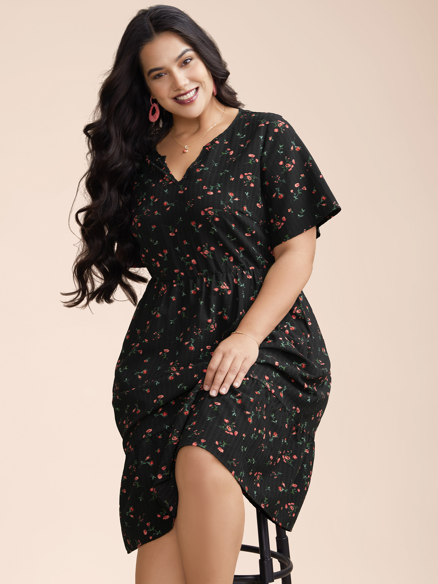 

Plus Size Floral Flared Sleeve Tiered Midi Dress Black Women Elegant Texture Notched collar Short sleeve Curvy BloomChic