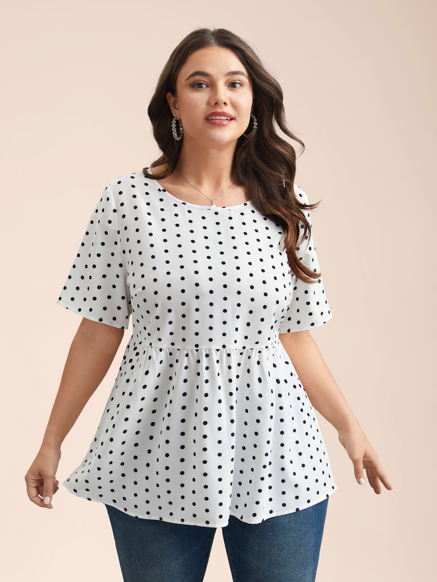 

Plus Size Originalwhite Polka Dot Button-Back Flared Shirt Women Elegant Short sleeve Round Neck Everyday Blouses BloomChic